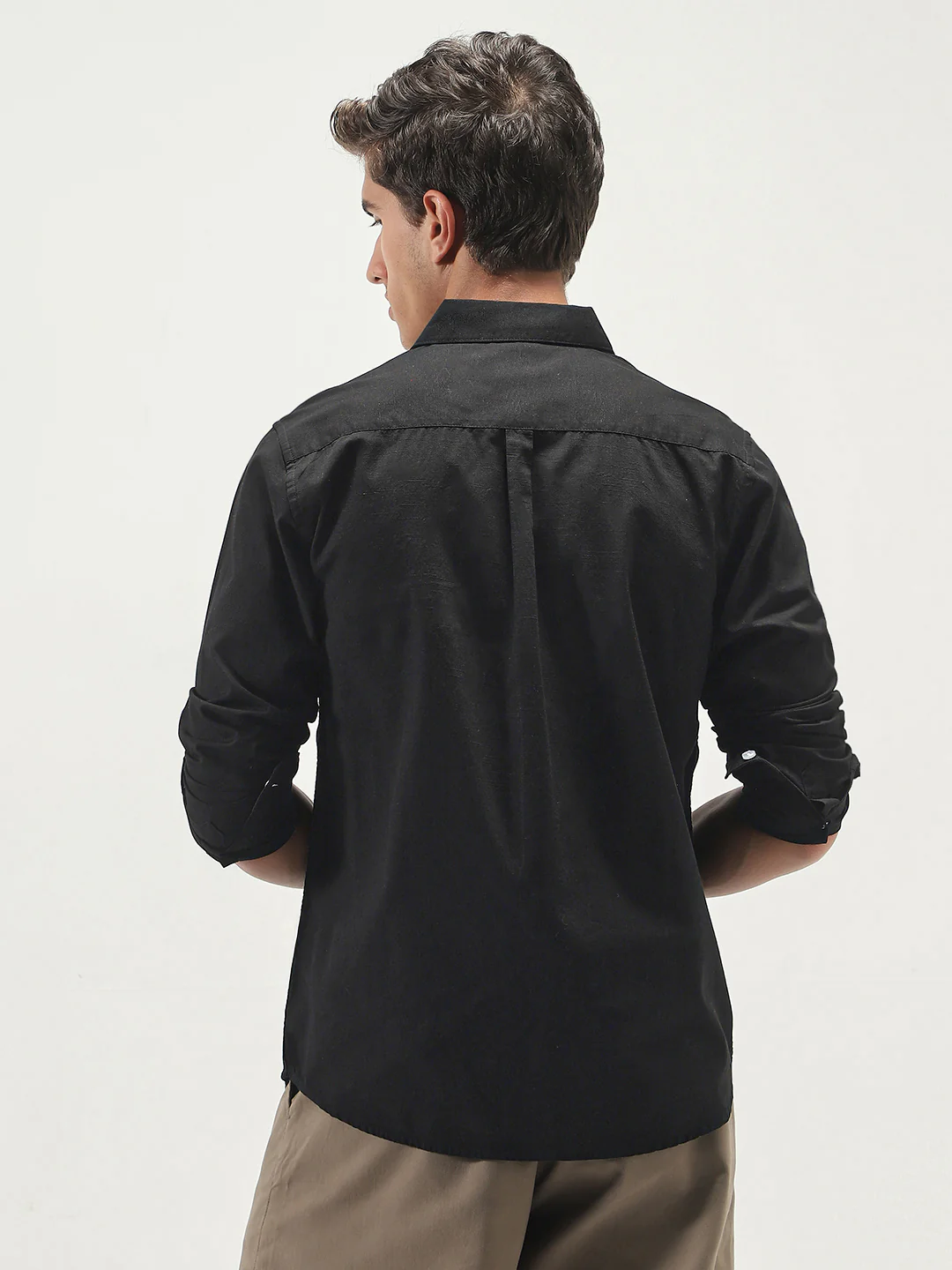 Men's Black Cotton Full Sleeve Regular Fit Casual Solid Slub Shirt with Spread Collar - Image 3