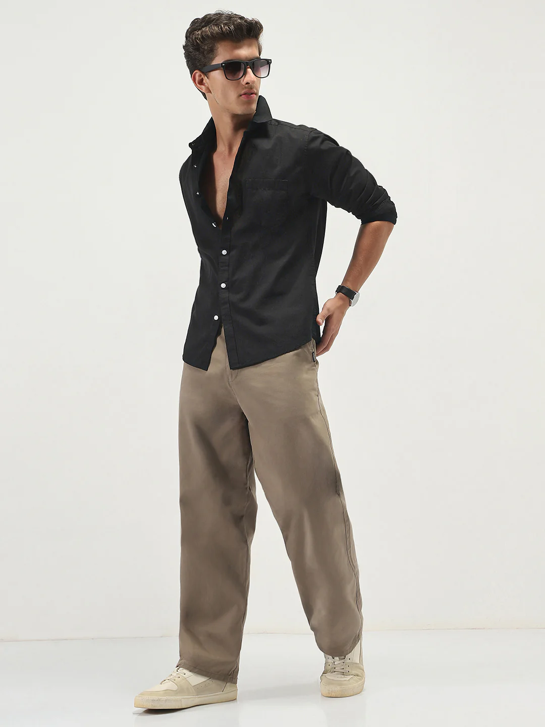 Men's Black Cotton Full Sleeve Regular Fit Casual Solid Slub Shirt with Spread Collar - Image 4