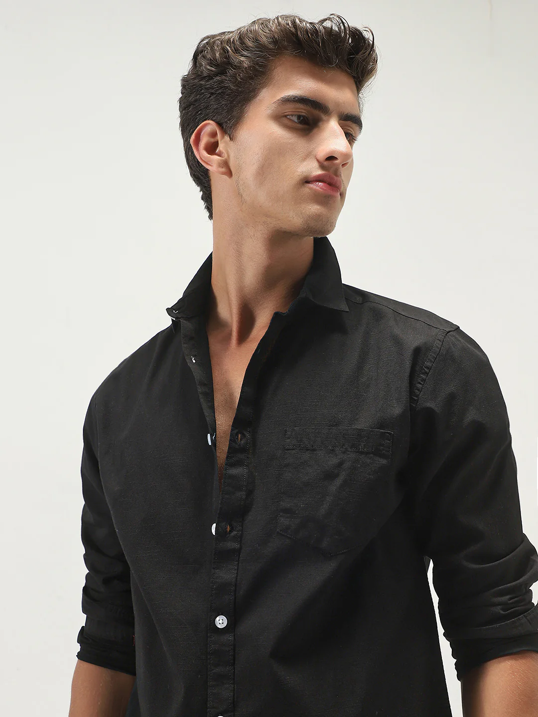 Men's Black Cotton Full Sleeve Regular Fit Casual Solid Slub Shirt with Spread Collar - Image 5