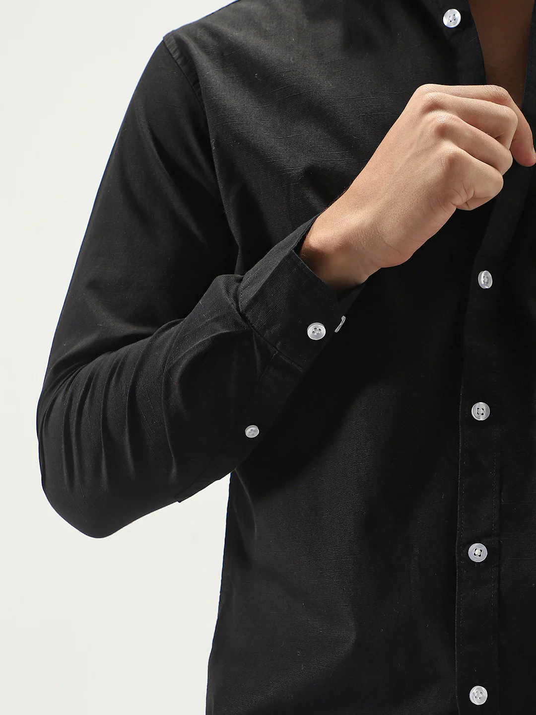 Men's Black Cotton Full Sleeve Regular Fit Casual Solid Slub Shirt with Spread Collar - Image 6