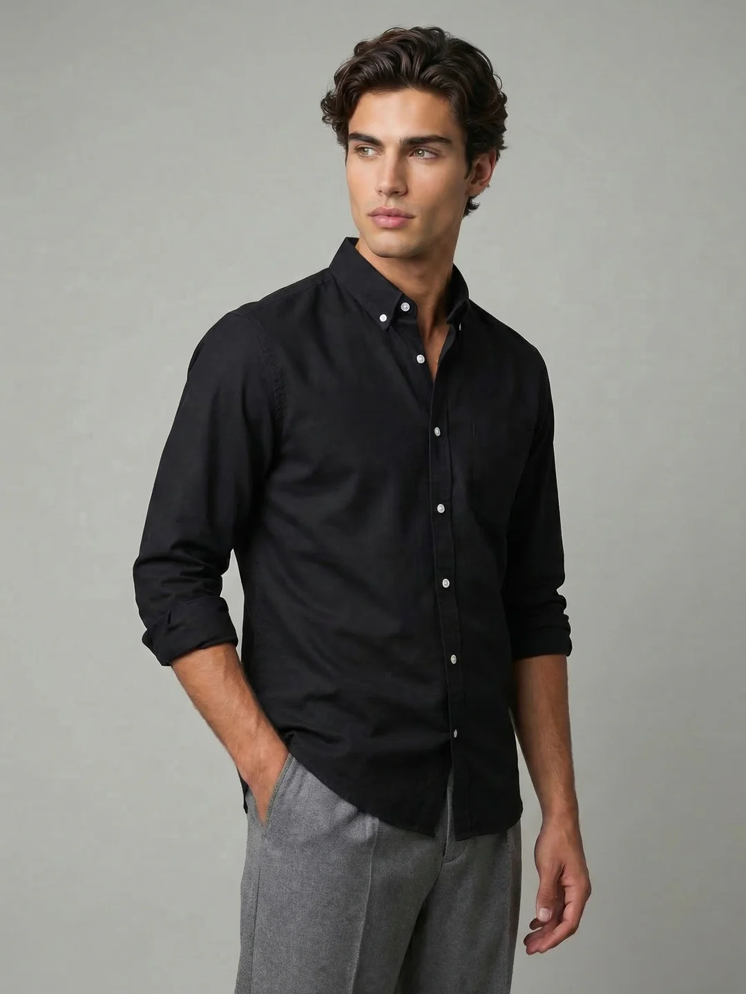 Men's Black Cotton Full Sleeve Regular Fit Solid Oxford Shirt With Button-Down Collar - Image 2