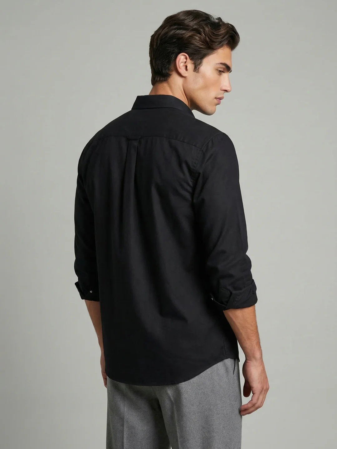 Men's Black Cotton Full Sleeve Regular Fit Solid Oxford Shirt With Button-Down Collar - Image 3