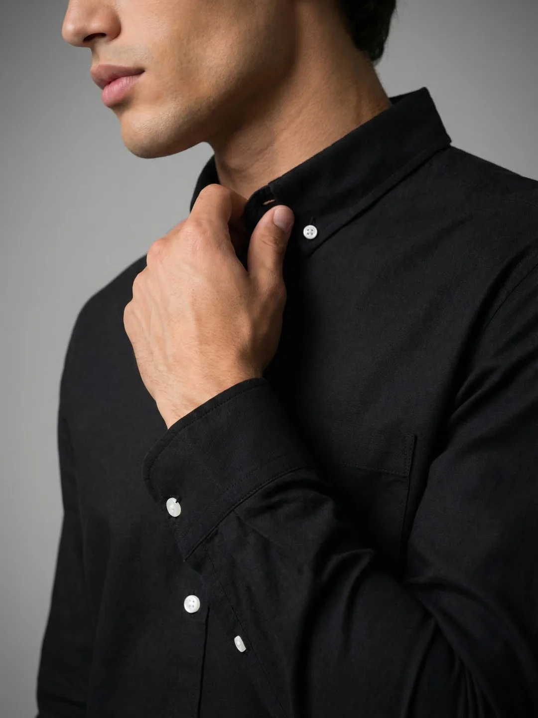 Men's Black Cotton Full Sleeve Regular Fit Solid Oxford Shirt With Button-Down Collar - Image 6