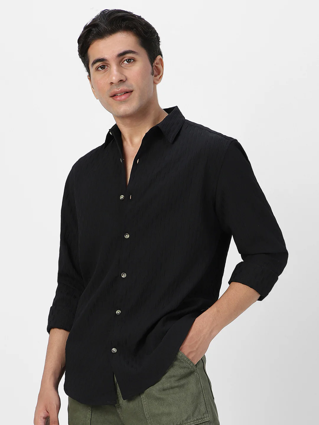Men's Black Cotton Full Sleeve Regular Fit Textured Shirt with Spread Collar - Image 3