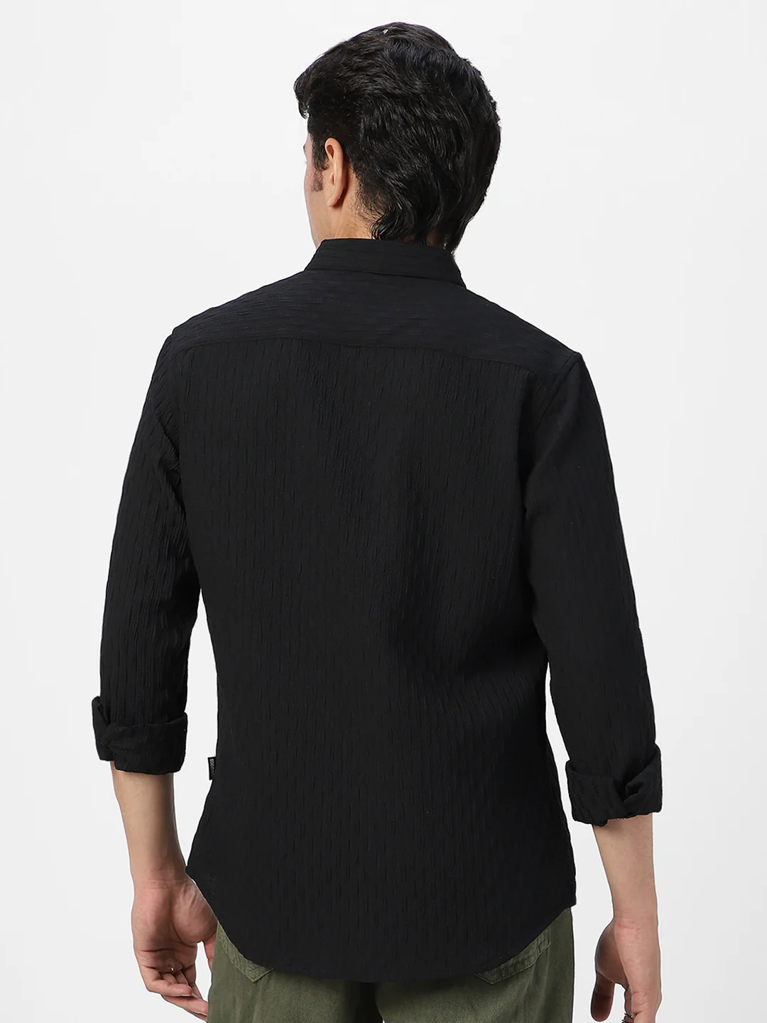 Men's Black Cotton Full Sleeve Regular Fit Textured Shirt with Spread Collar - Image 4