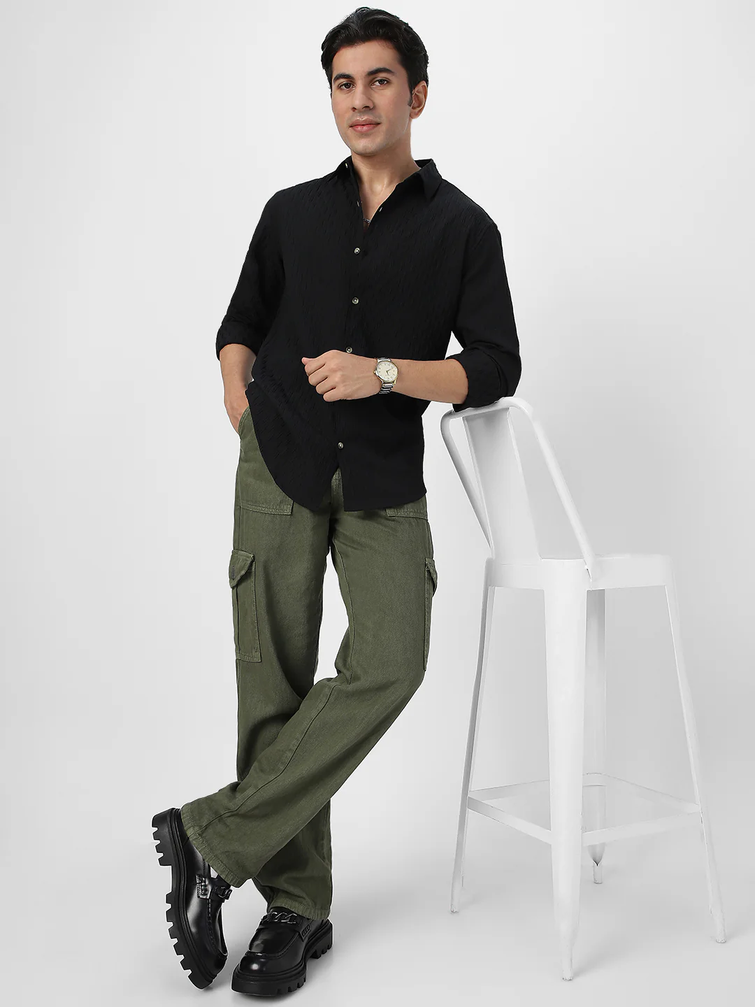 Men's Black Cotton Full Sleeve Regular Fit Textured Shirt with Spread Collar - Image 5