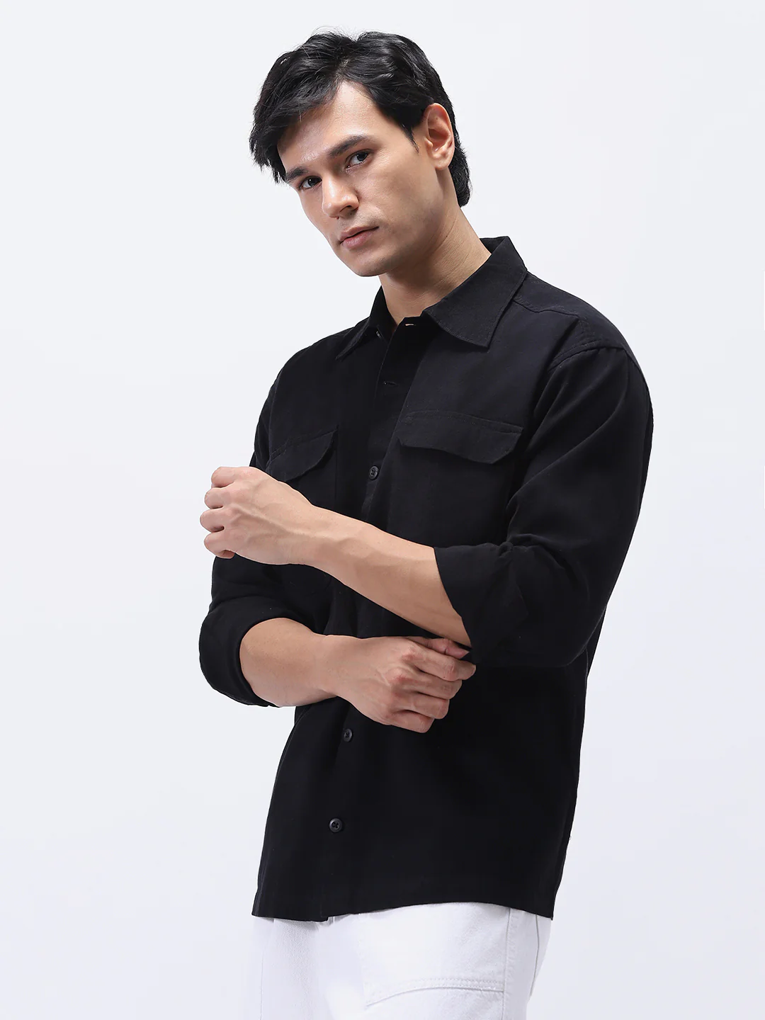 Men's Black Cotton Full Sleeve Relaxed Fit Shacket with Utility Pockets - Image 2