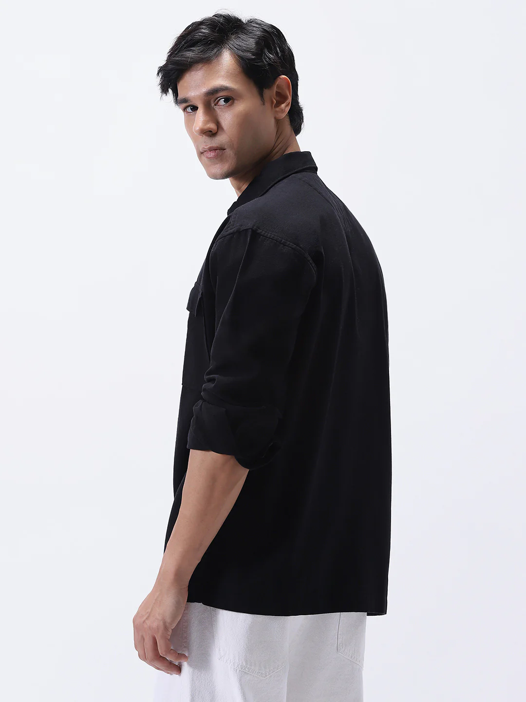Men's Black Cotton Full Sleeve Relaxed Fit Shacket with Utility Pockets - Image 3