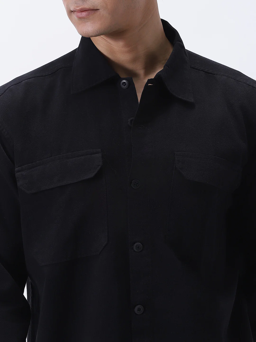 Men's Black Cotton Full Sleeve Relaxed Fit Shacket with Utility Pockets - Image 6