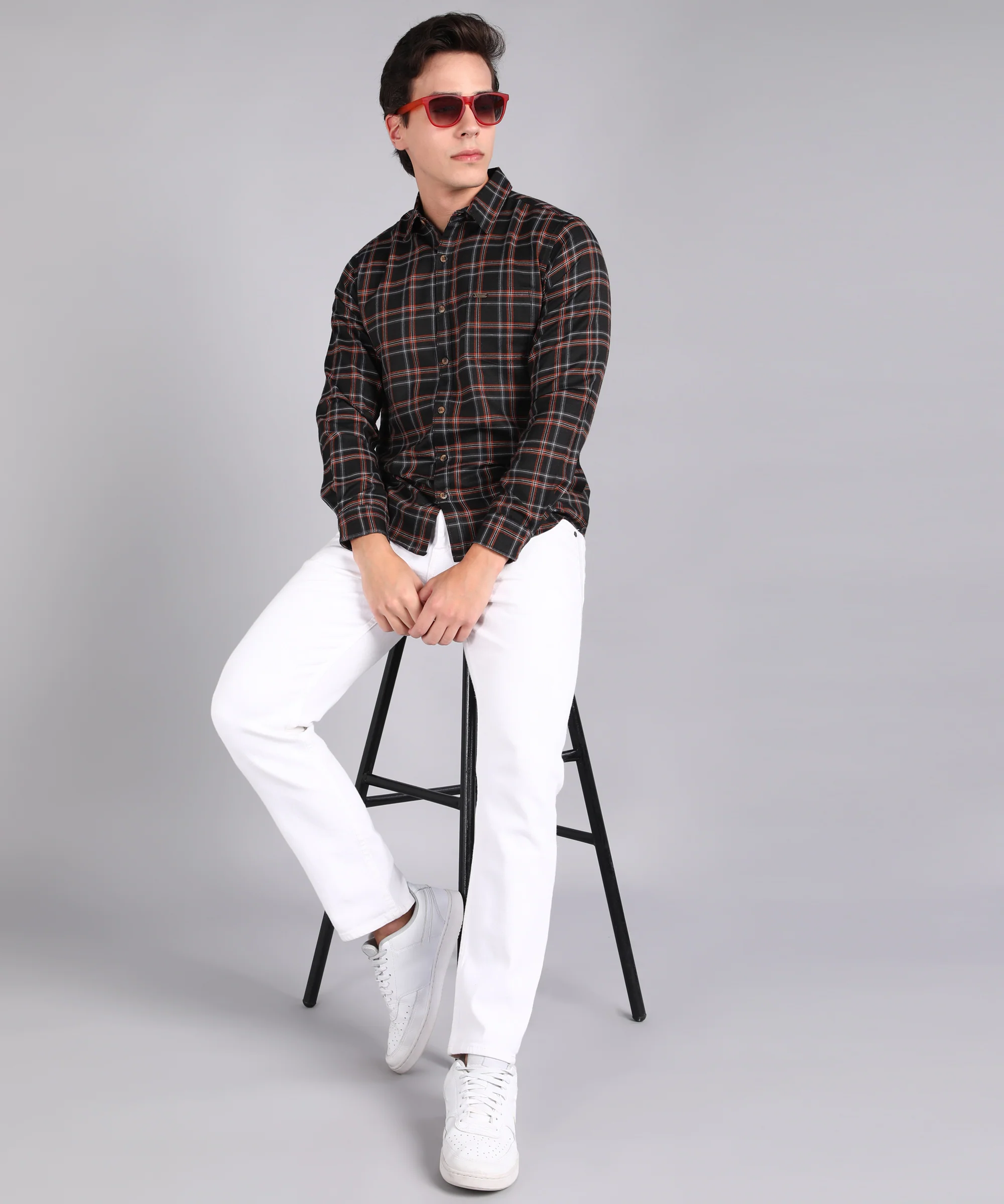 Men's Black Cotton Full Sleeve Slim Fit Casual Checkered Shirt - Image 4