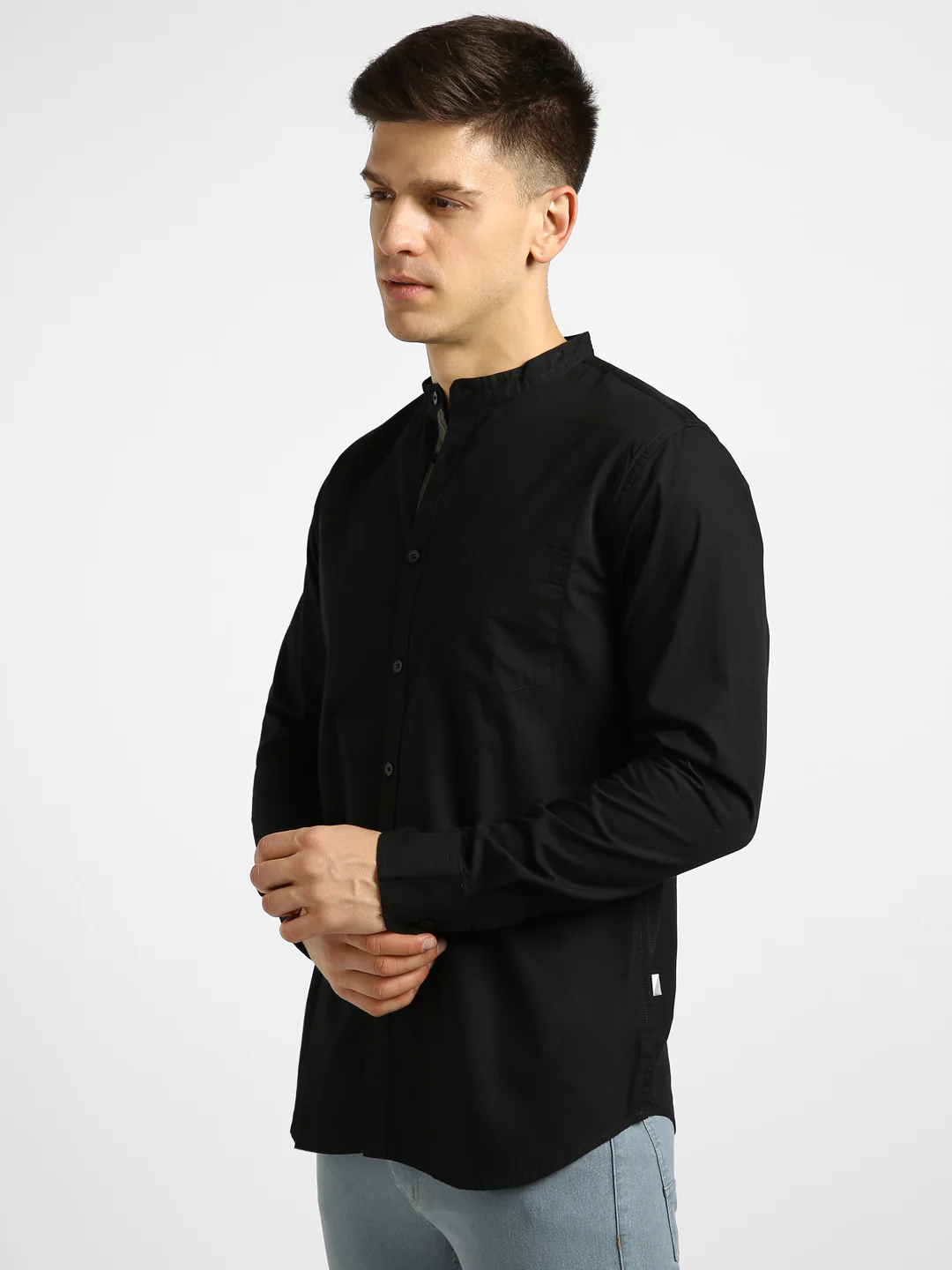 Men's Black Cotton Full Sleeve Slim Fit Solid Shirt with Mandarin Collar - Image 2