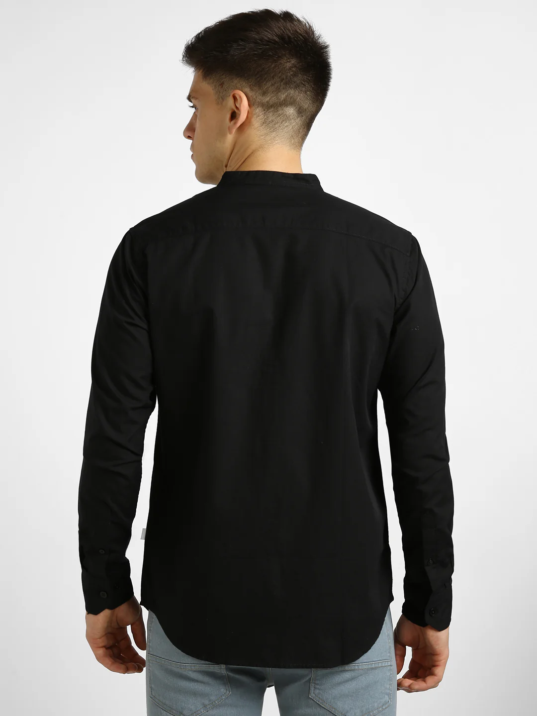 Men's Black Cotton Full Sleeve Slim Fit Solid Shirt with Mandarin Collar - Image 3