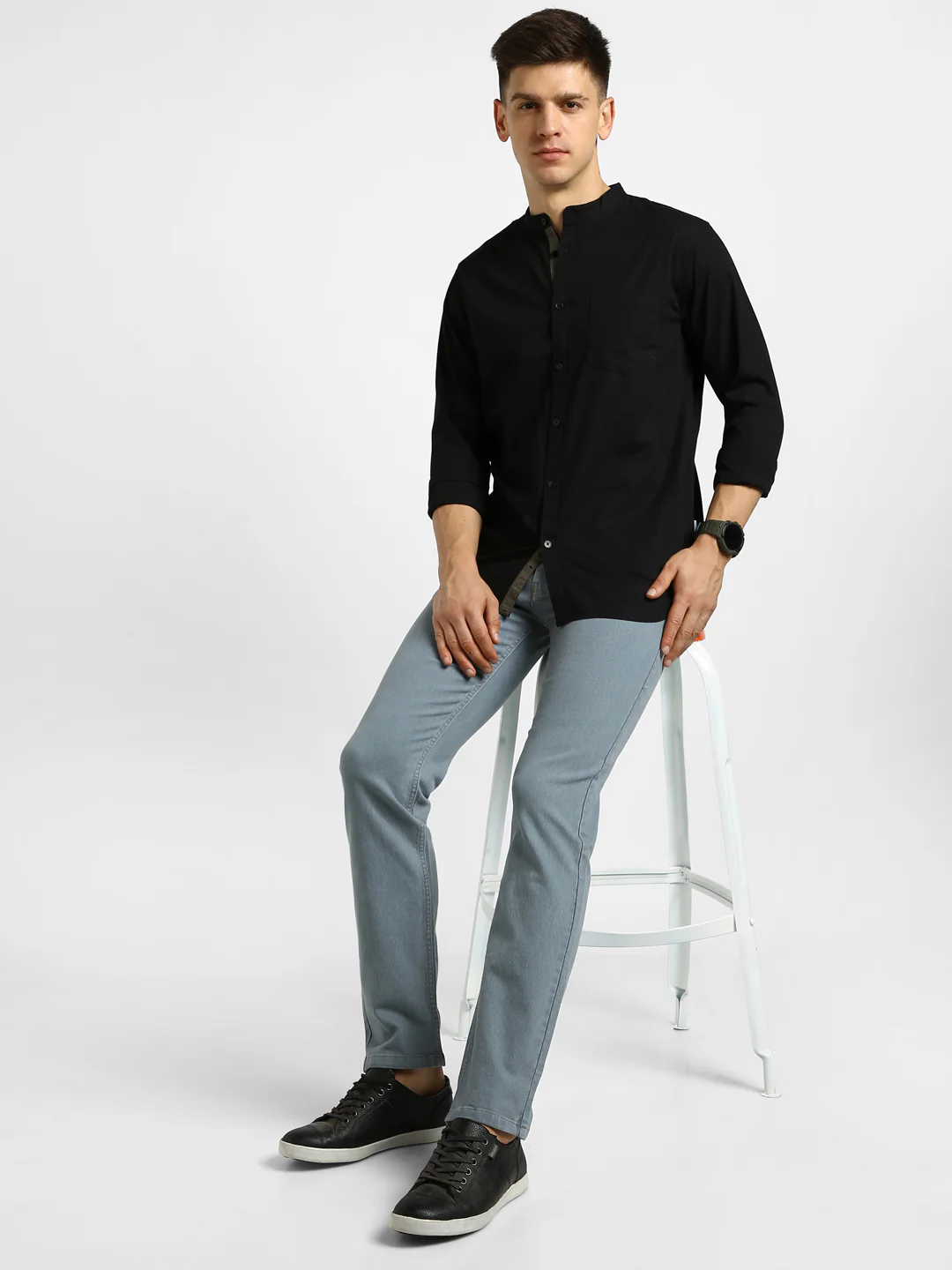 Men's Black Cotton Full Sleeve Slim Fit Solid Shirt with Mandarin Collar - Image 4