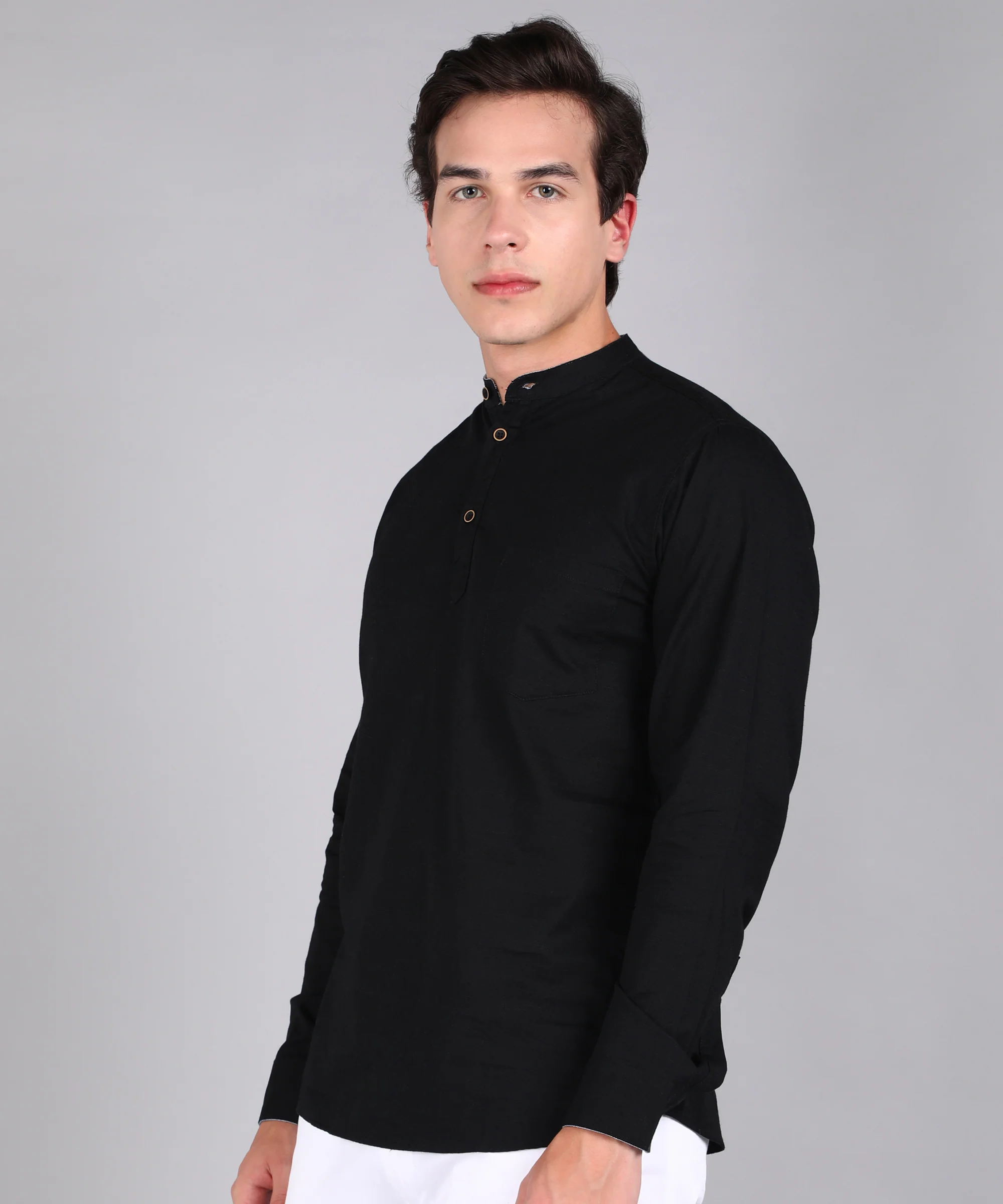Men's Black Cotton Full Sleeve Slim Fit Solid Shirt with Mandarin Collar - Image 2
