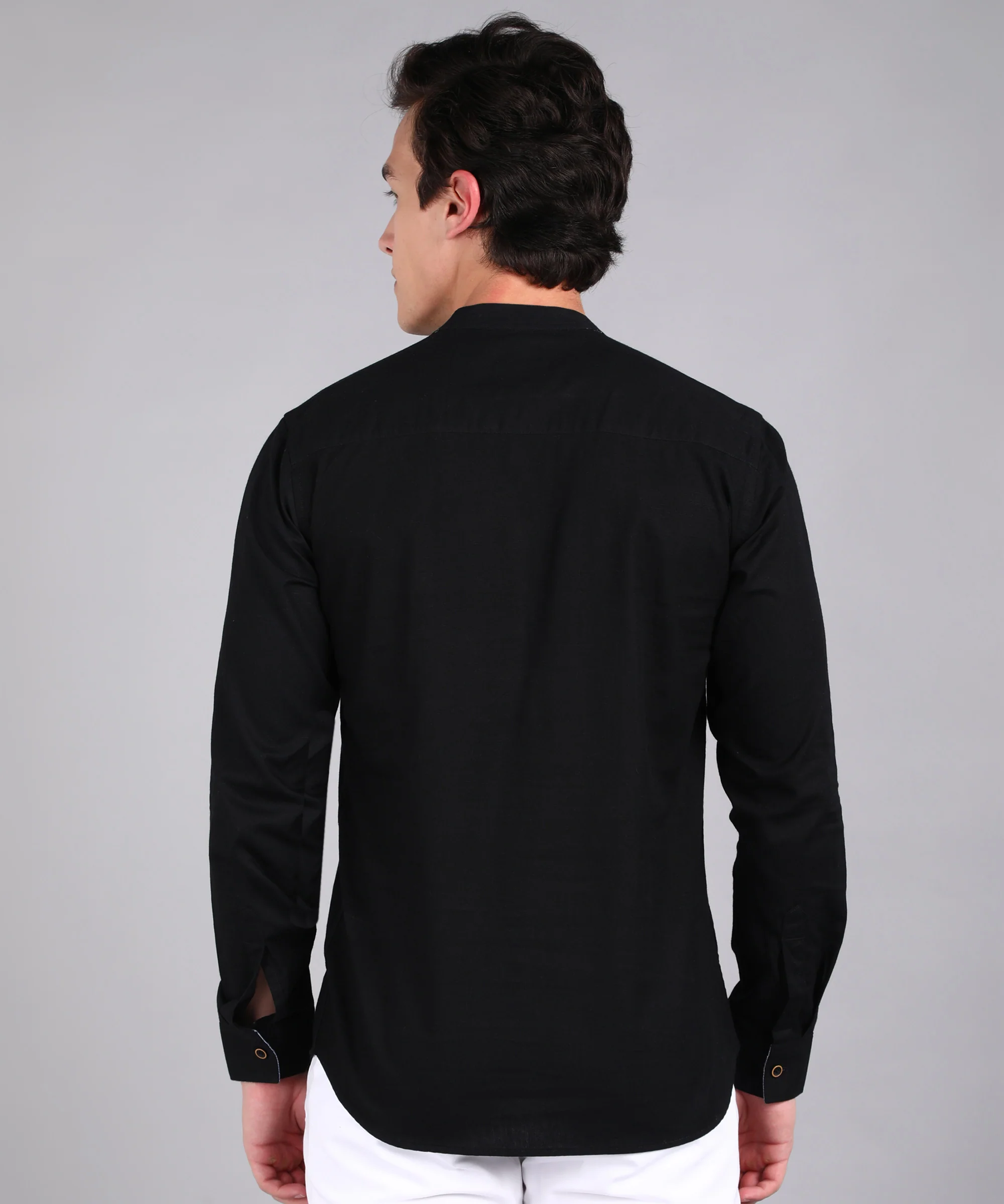 Men's Black Cotton Full Sleeve Slim Fit Solid Shirt with Mandarin Collar - Image 3