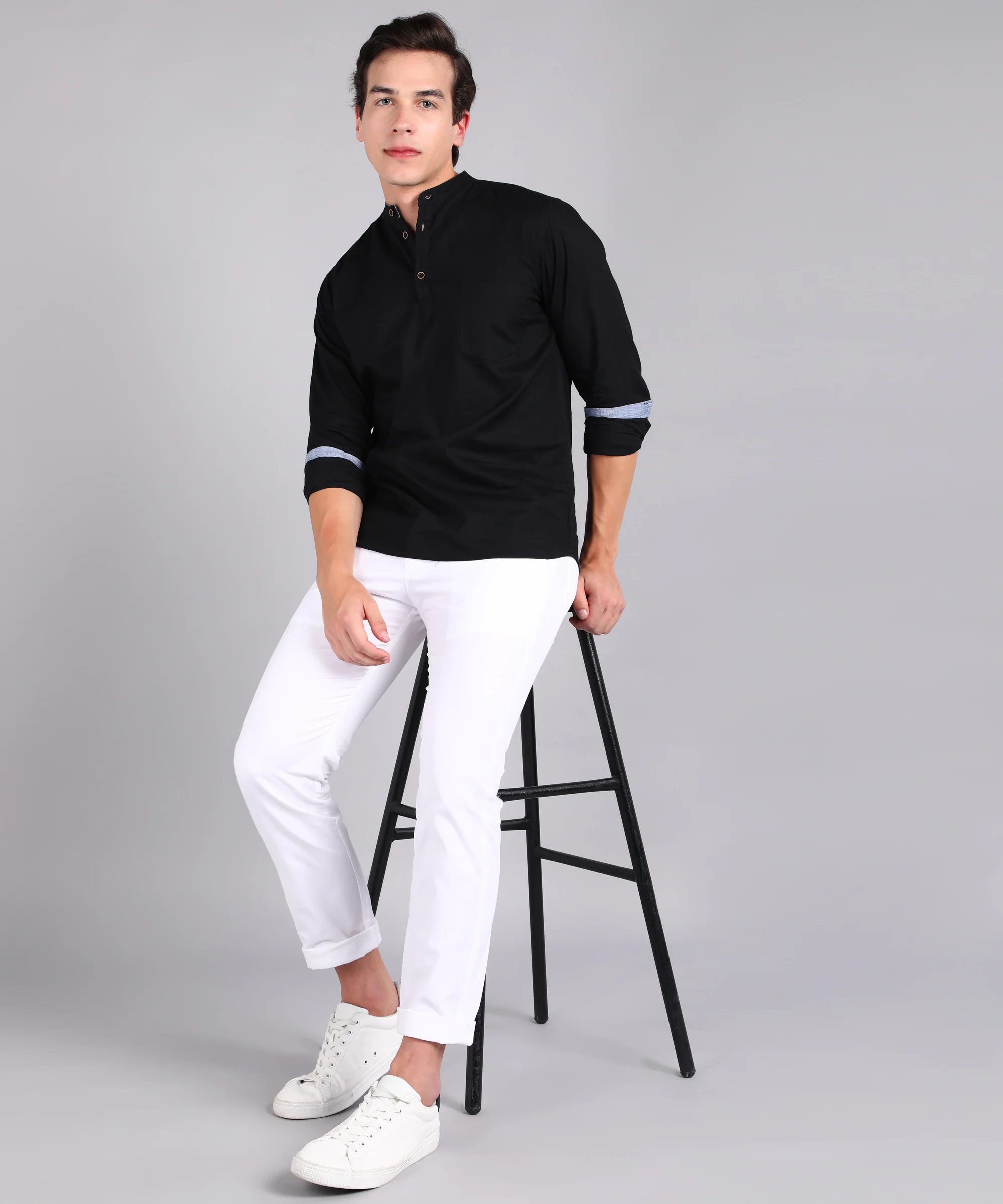 Men's Black Cotton Full Sleeve Slim Fit Solid Shirt with Mandarin Collar - Image 4