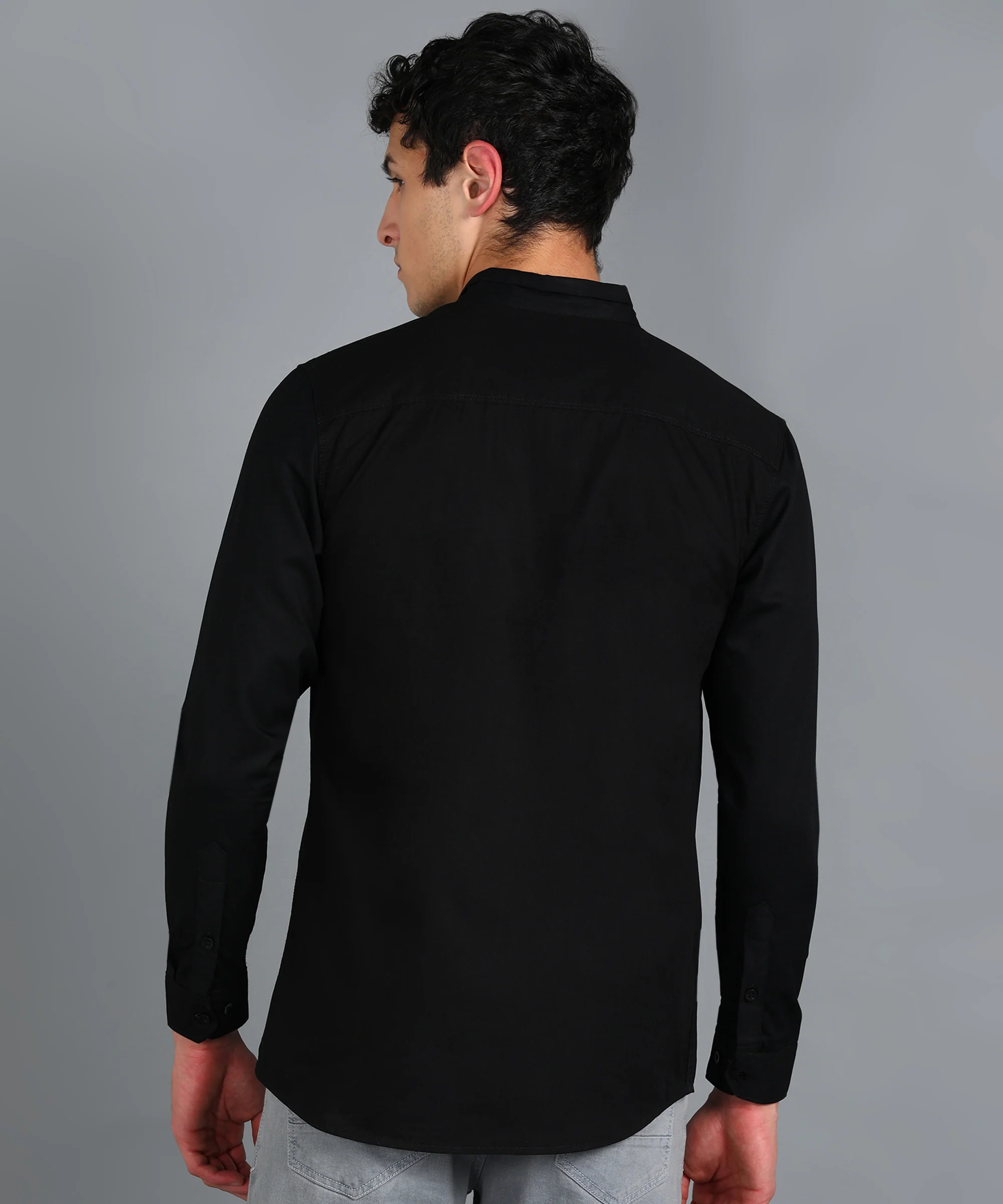 Men's Black Cotton Full Sleeve Slim Fit Solid Shirt with Mandarin Collar - Image 3