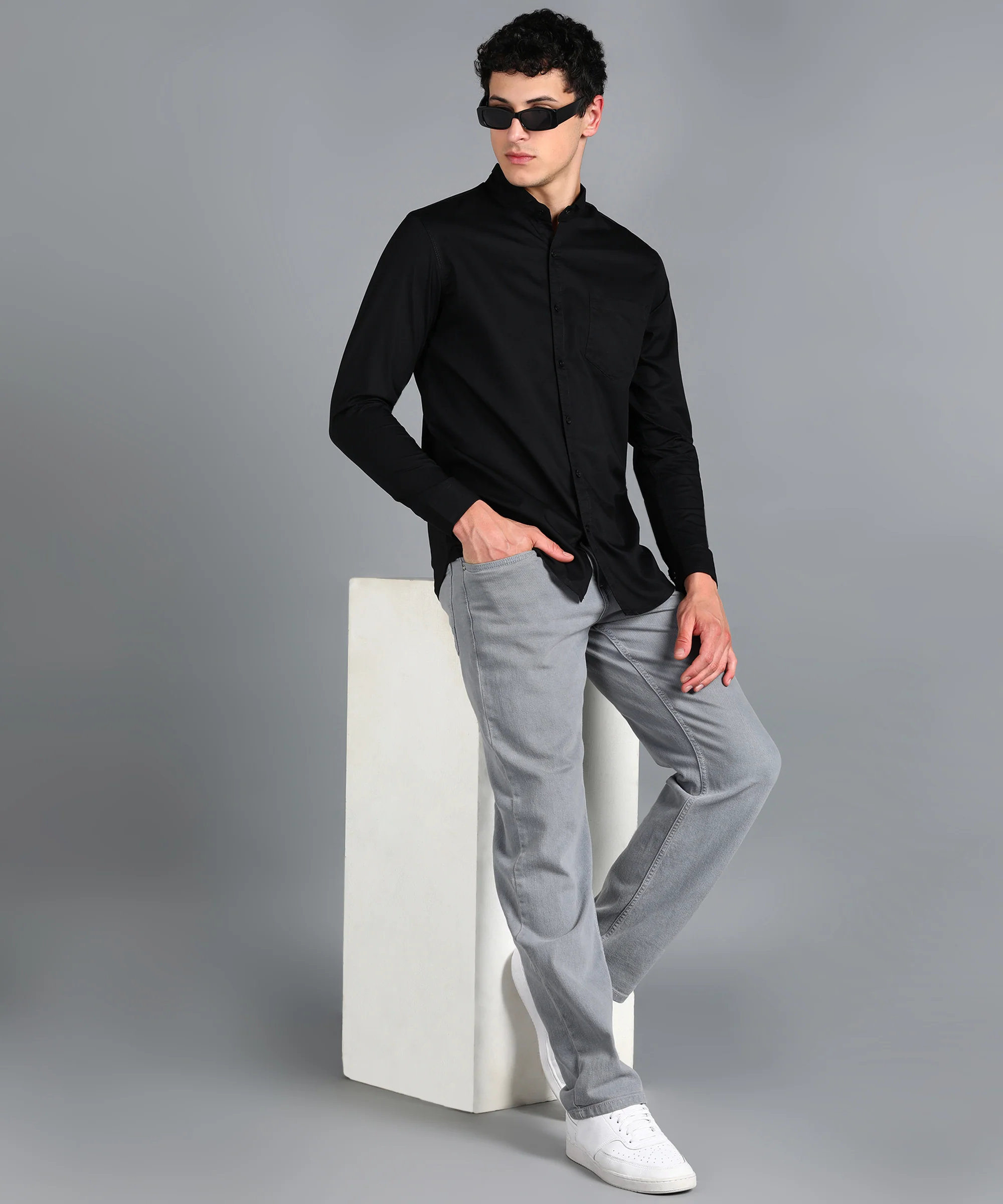 Men's Black Cotton Full Sleeve Slim Fit Solid Shirt with Mandarin Collar - Image 4