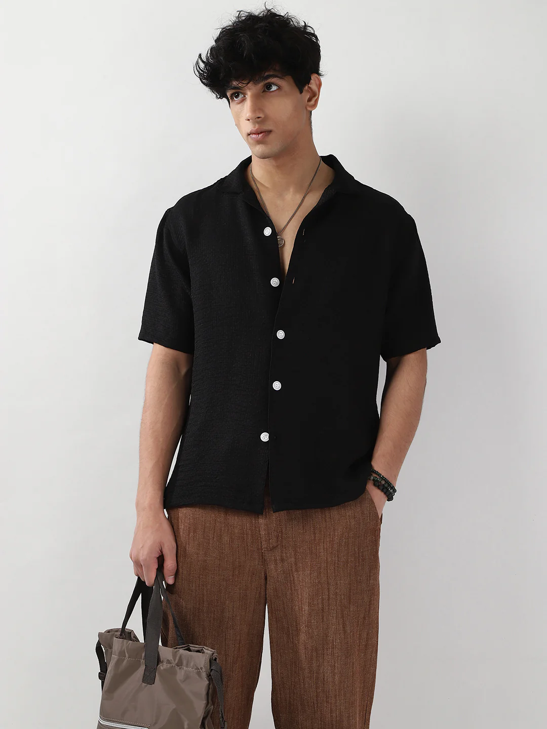 Men's Black Cotton Half Sleeve Oversized Fit Textured Shirt with Cuban Collar - Image 2