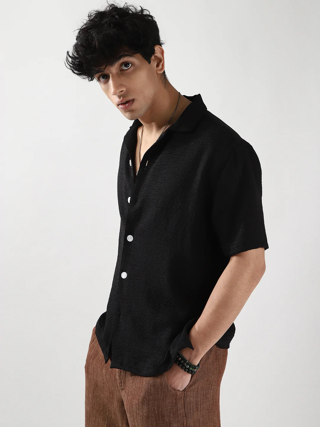 Men's Black Cotton Half Sleeve Oversized Fit Textured Shirt with Cuban Collar - Image 3