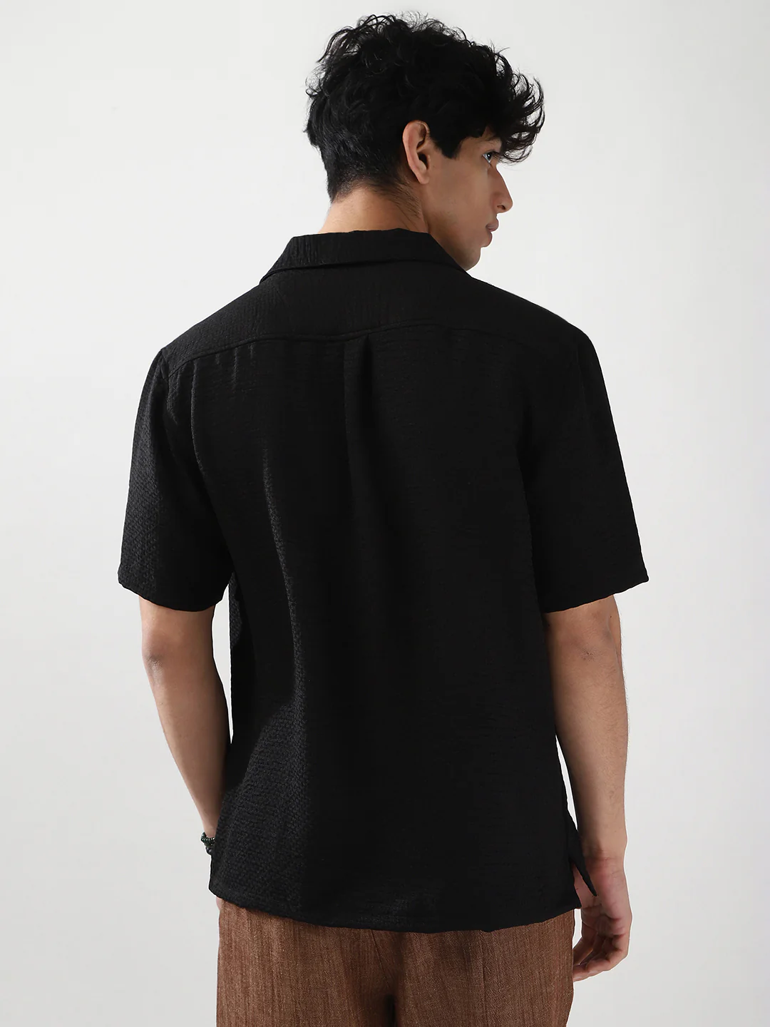 Men's Black Cotton Half Sleeve Oversized Fit Textured Shirt with Cuban Collar - Image 4