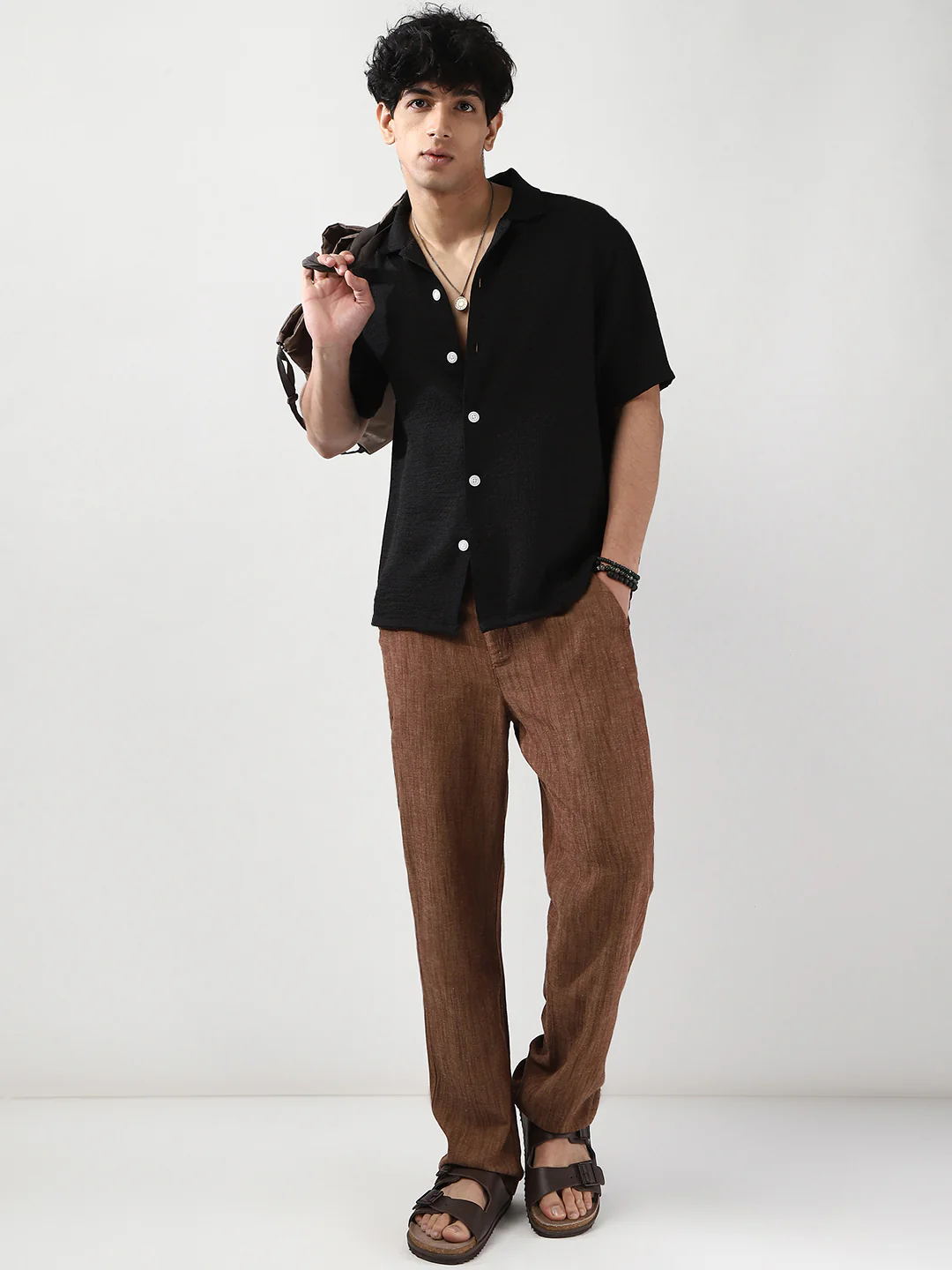 Men's Black Cotton Half Sleeve Oversized Fit Textured Shirt with Cuban Collar - Image 5