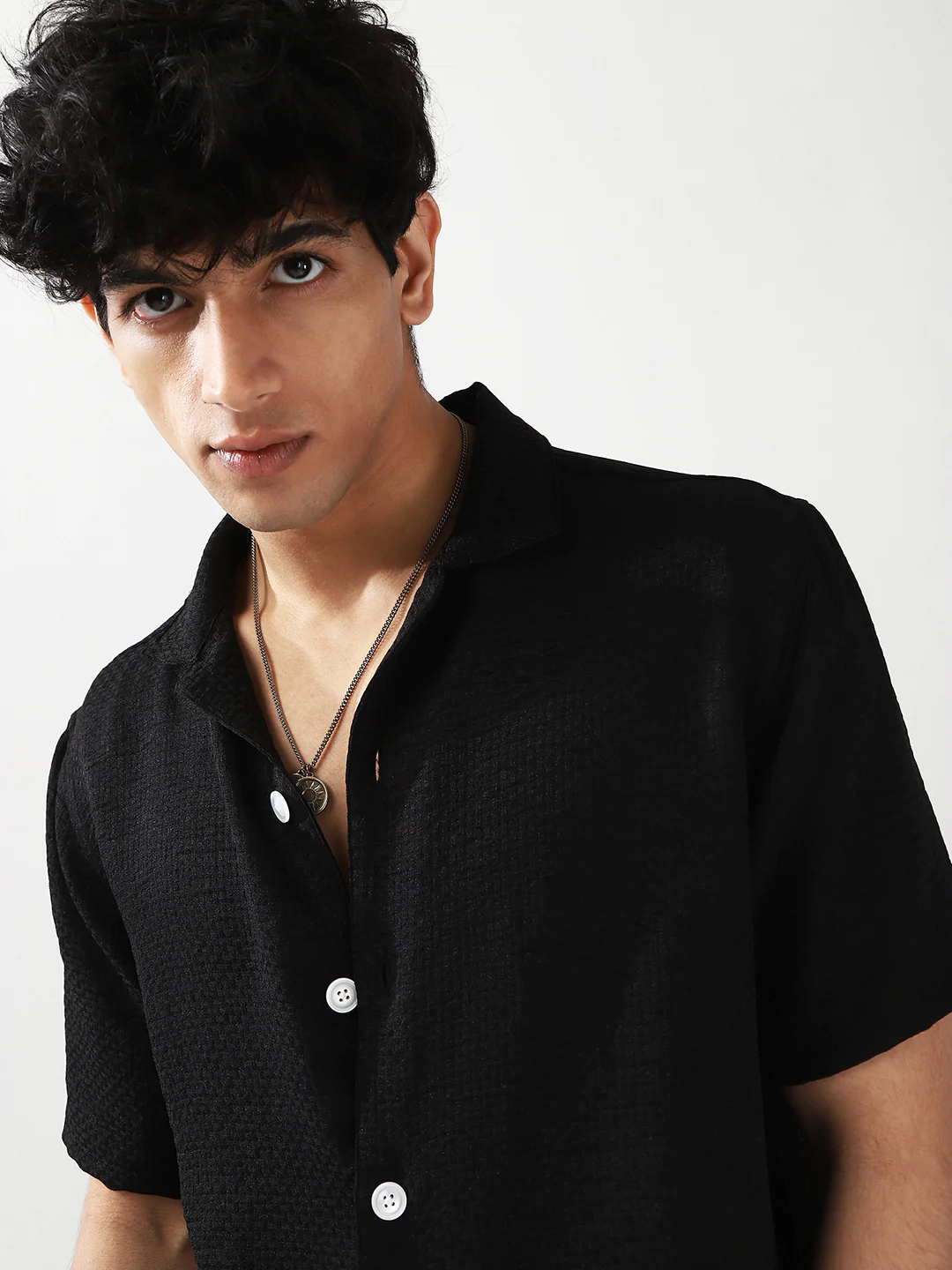 Men's Black Cotton Half Sleeve Oversized Fit Textured Shirt with Cuban Collar - Image 6