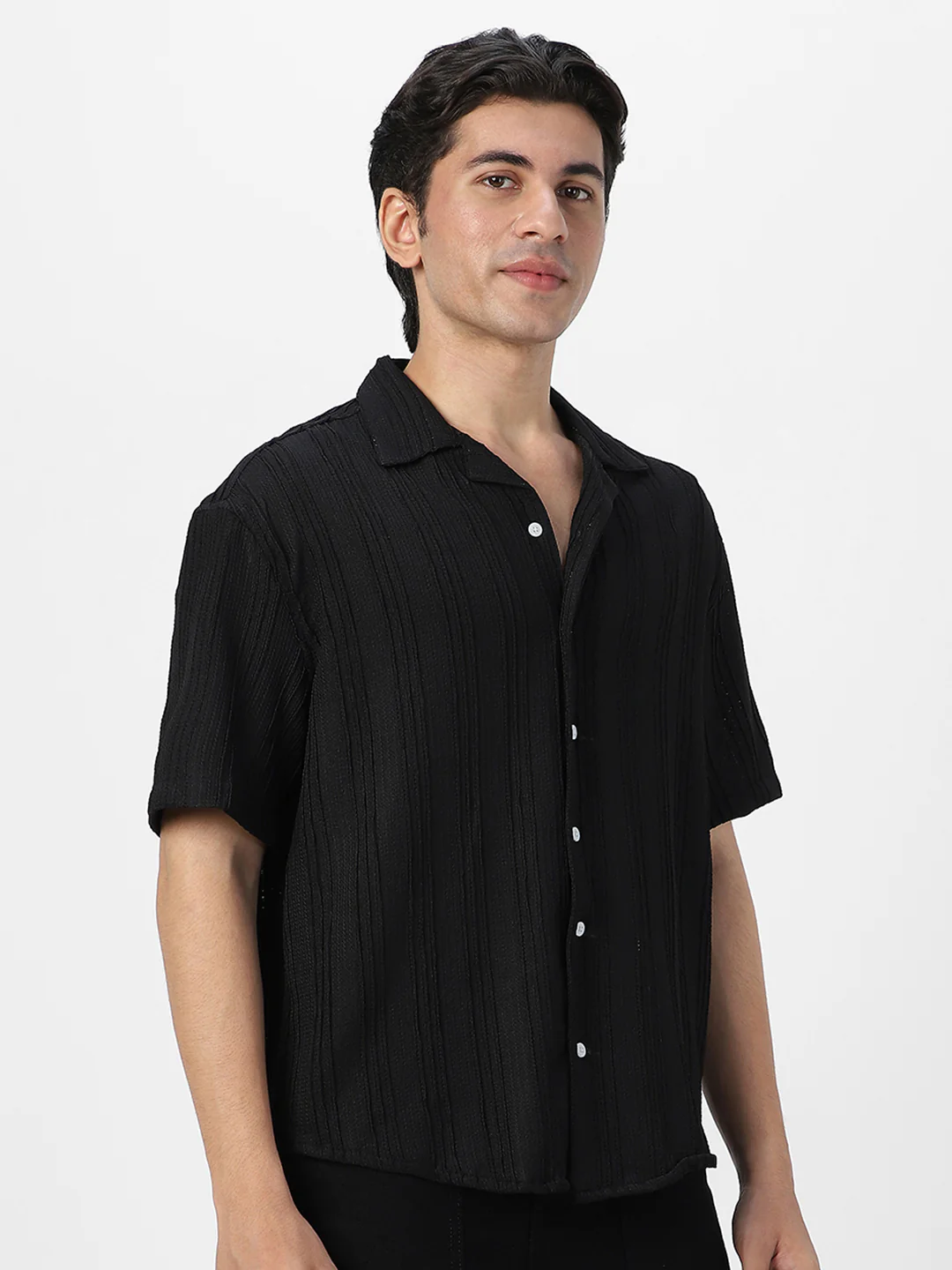 Men's Black Cotton Half Sleeve Oversized Fit Textured Shirt with Cuban Collar - Image 3