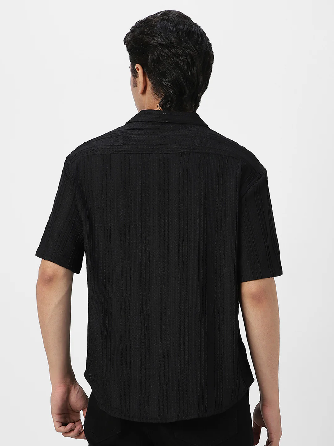 Men's Black Cotton Half Sleeve Oversized Fit Textured Shirt with Cuban Collar - Image 4