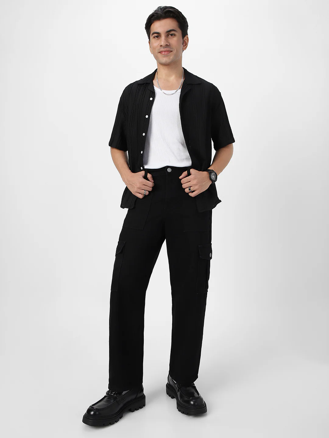 Men's Black Cotton Half Sleeve Oversized Fit Textured Shirt with Cuban Collar - Image 5