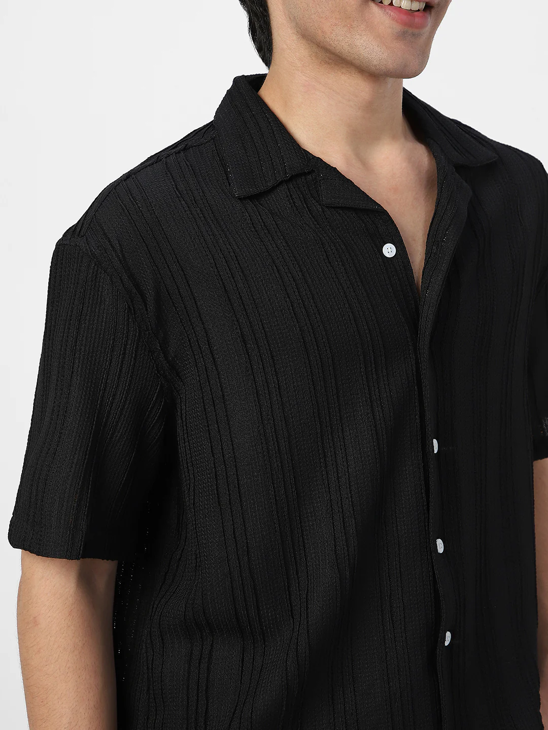 Men's Black Cotton Half Sleeve Oversized Fit Textured Shirt with Cuban Collar - Image 6