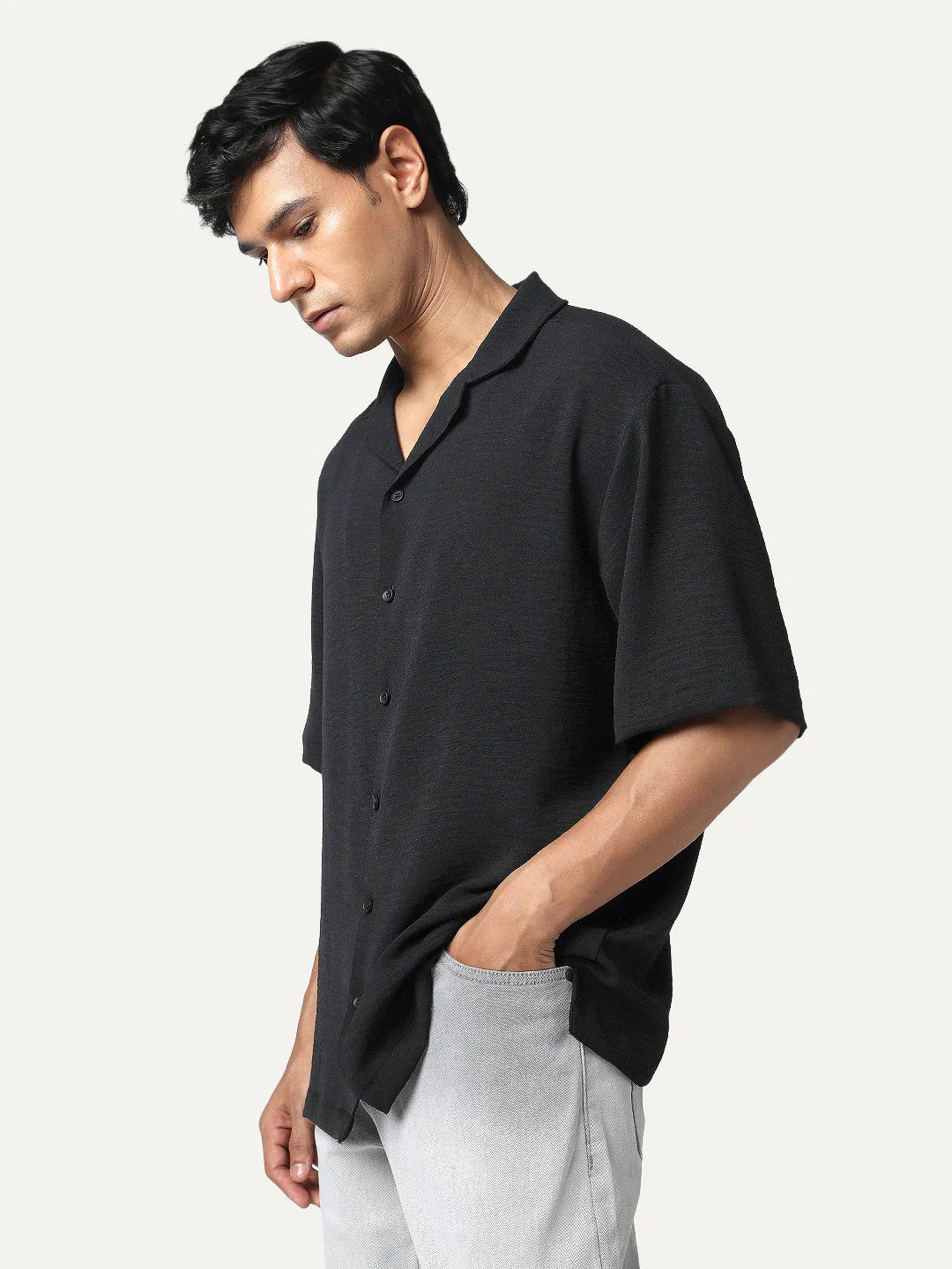 Men's Black Cotton Half Sleeve Relaxed Fit Textured Shirt with Cuban Collar - Image 2
