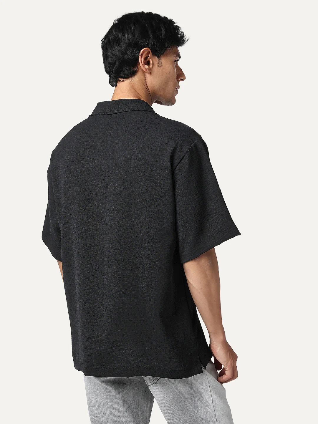 Men's Black Cotton Half Sleeve Relaxed Fit Textured Shirt with Cuban Collar - Image 3