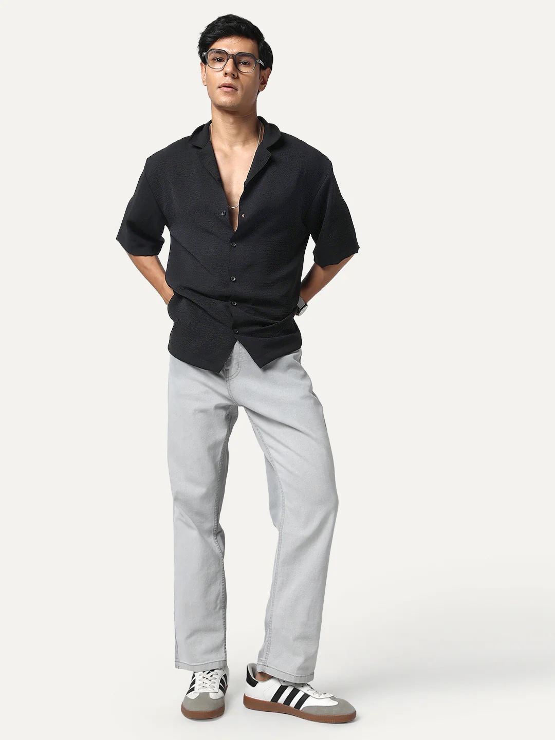 Men's Black Cotton Half Sleeve Relaxed Fit Textured Shirt with Cuban Collar - Image 4