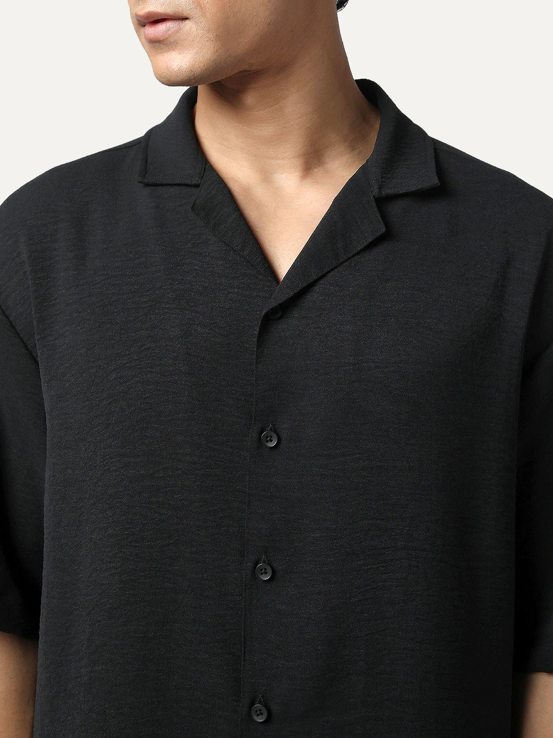 Men's Black Cotton Half Sleeve Relaxed Fit Textured Shirt with Cuban Collar - Image 5