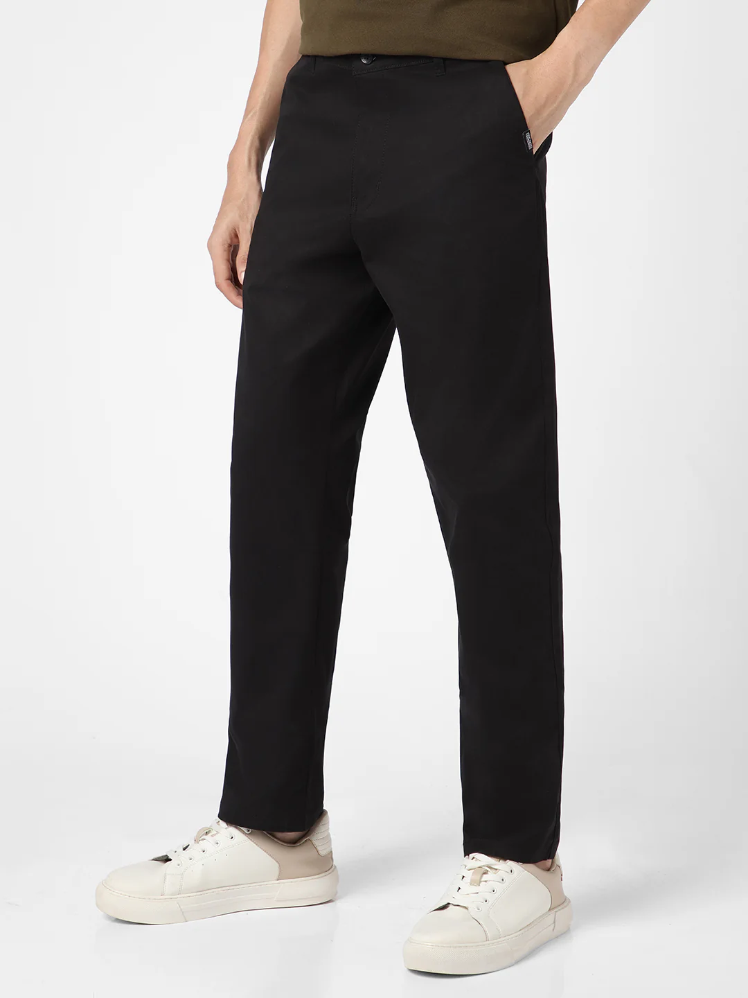 Men's Black Cotton Regular Fit Casual Chinos Trousers Stretch - Image 2