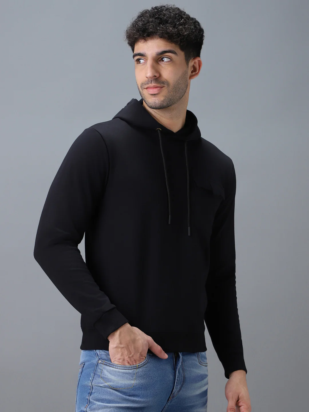Men's Black Cotton Solid Hooded Neck Sweatshirt - Image 2