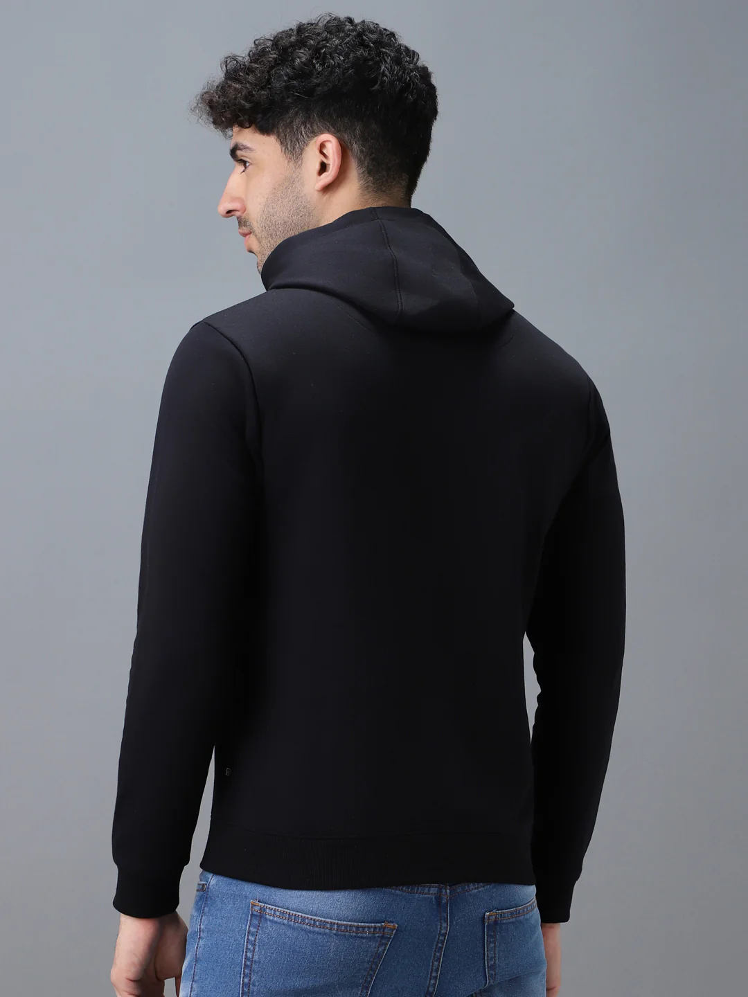 Men's Black Cotton Solid Hooded Neck Sweatshirt - Image 3