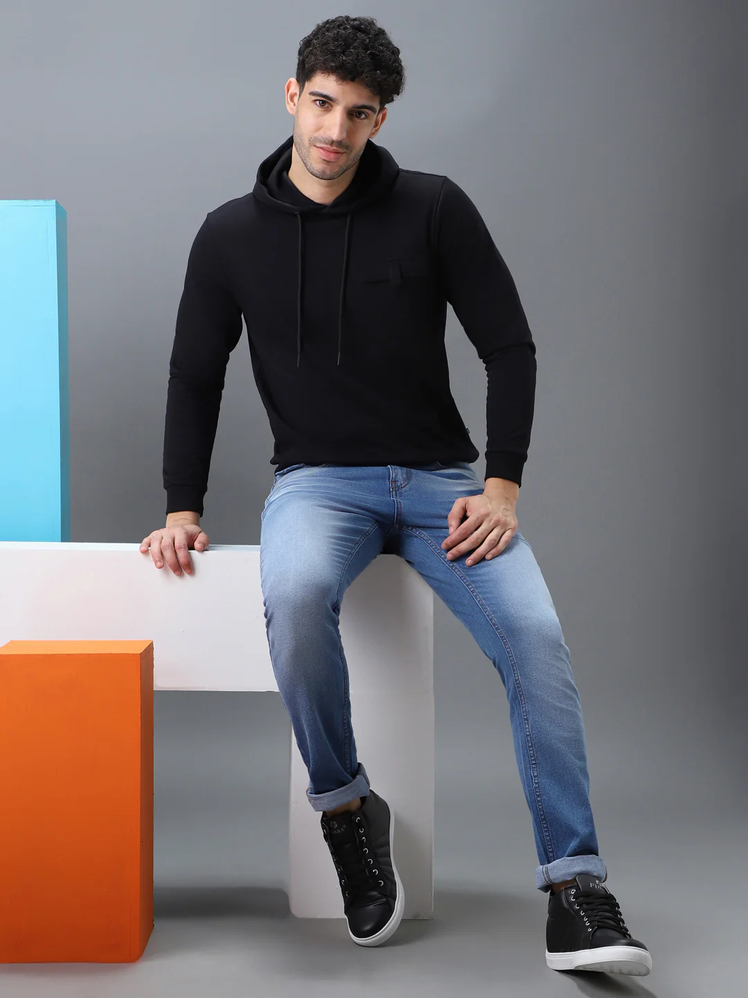 Men's Black Cotton Solid Hooded Neck Sweatshirt - Image 4