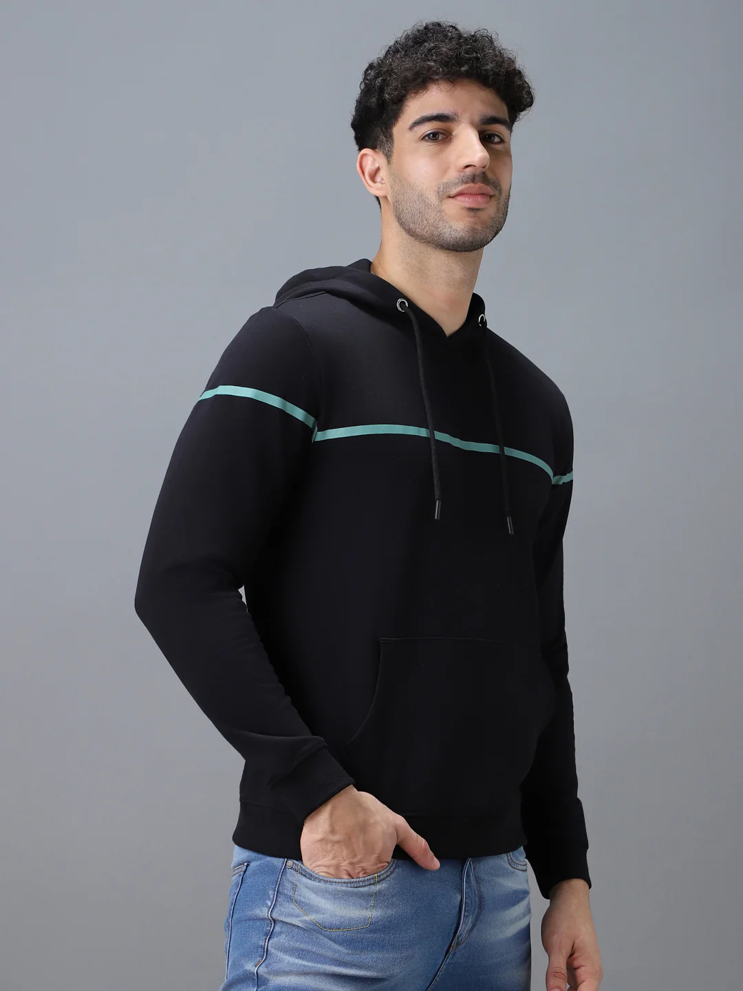 Men's Black Cotton Solid Hooded Neck Sweatshirt - Image 2