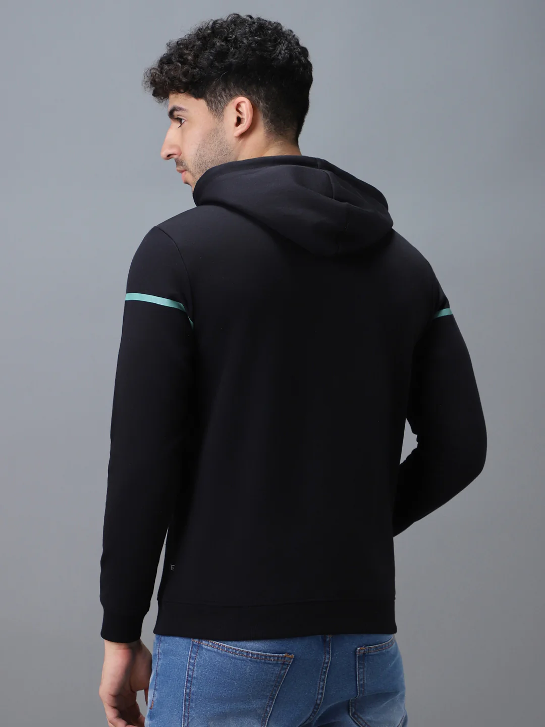 Men's Black Cotton Solid Hooded Neck Sweatshirt - Image 3
