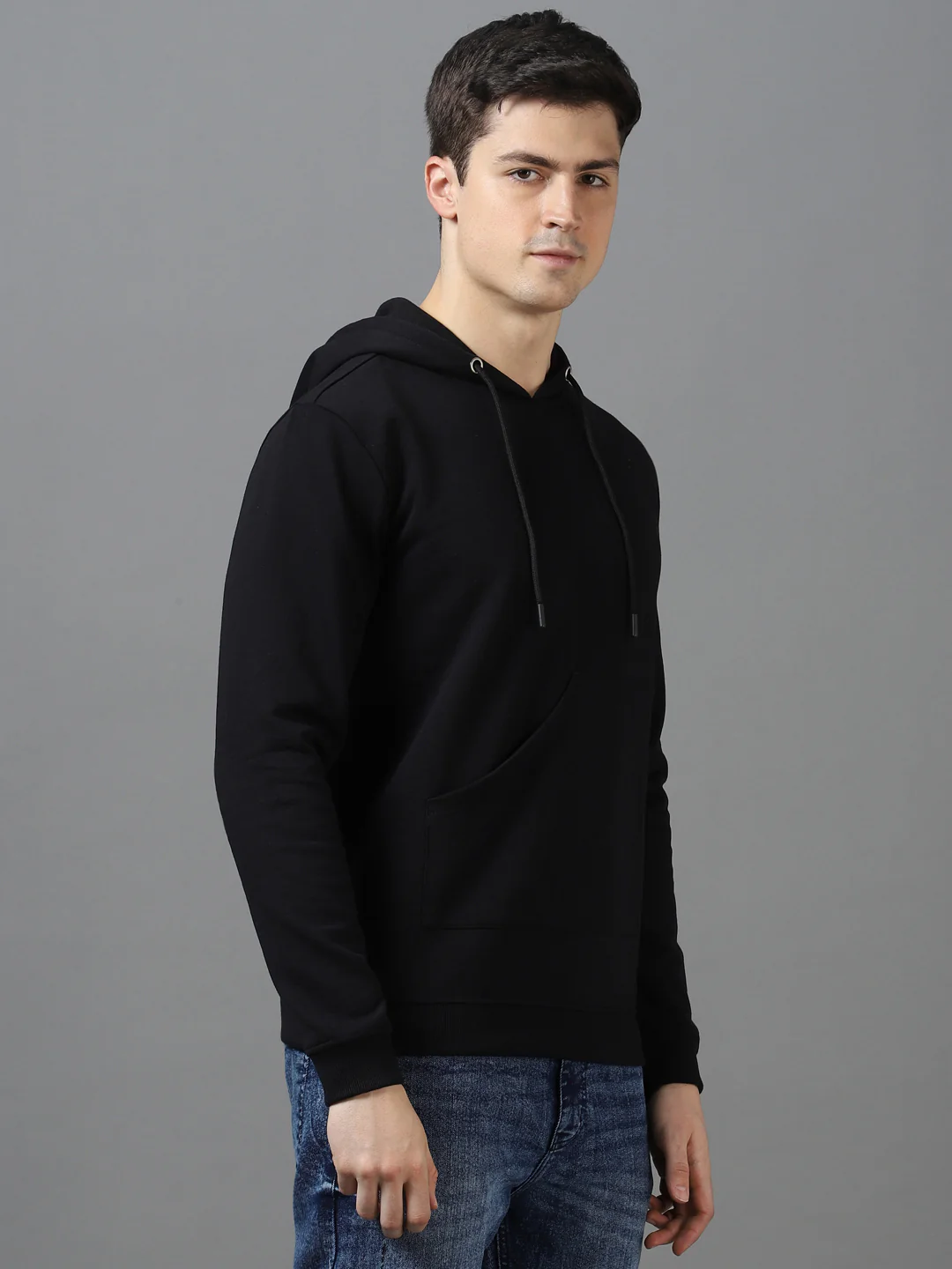 Men's Black Cotton Solid Hooded Neck Sweatshirt - Image 2