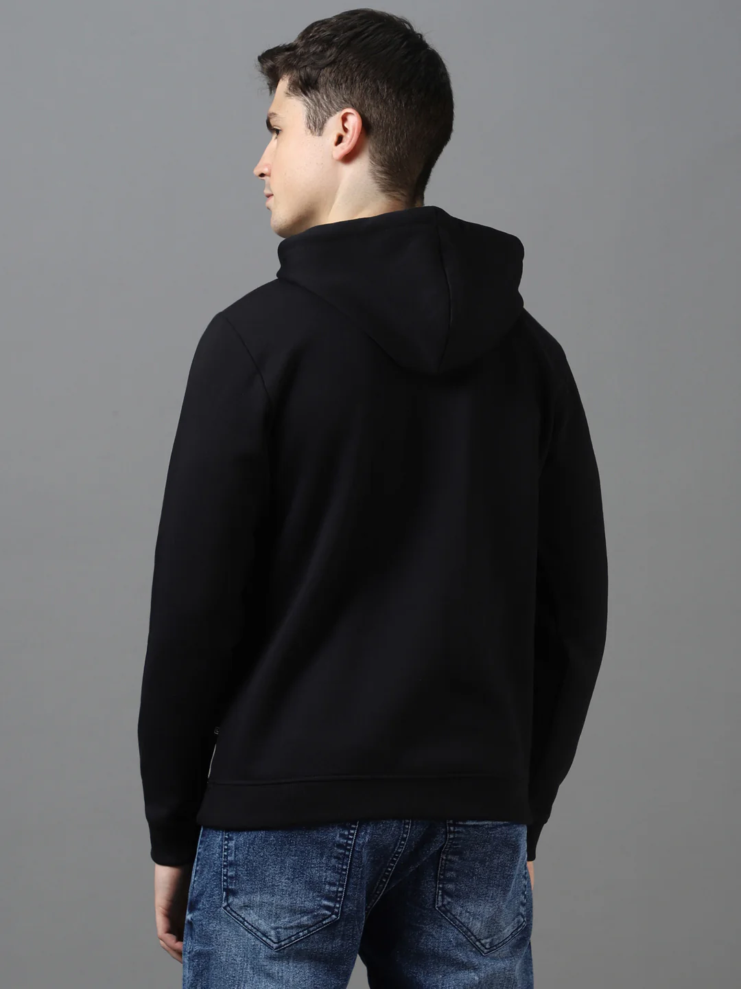 Men's Black Cotton Solid Hooded Neck Sweatshirt - Image 3