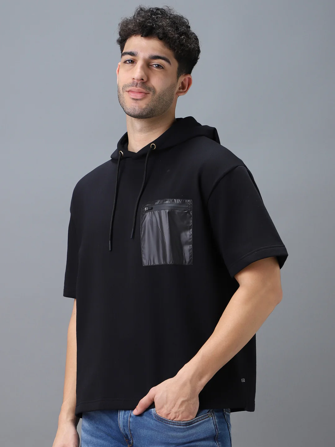 Men's Black Cotton Solid Oversized Hooded Neck Sweatshirt - Image 2