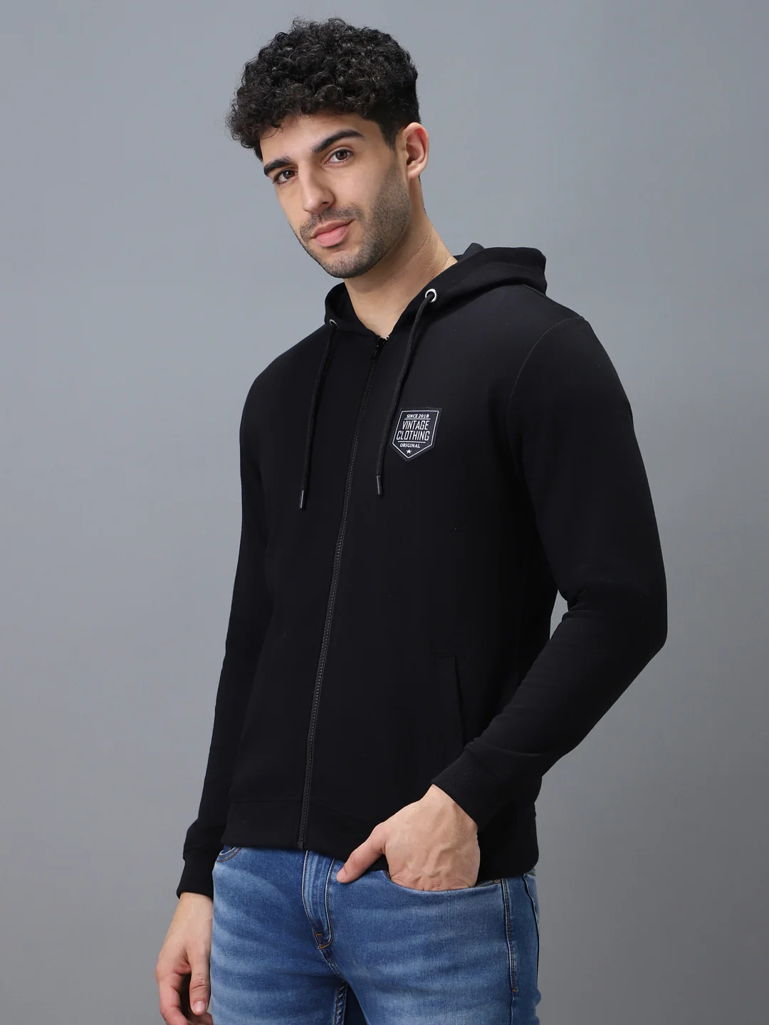 Men's Black Cotton Solid Zippered Hooded Neck Sweatshirt - Image 2