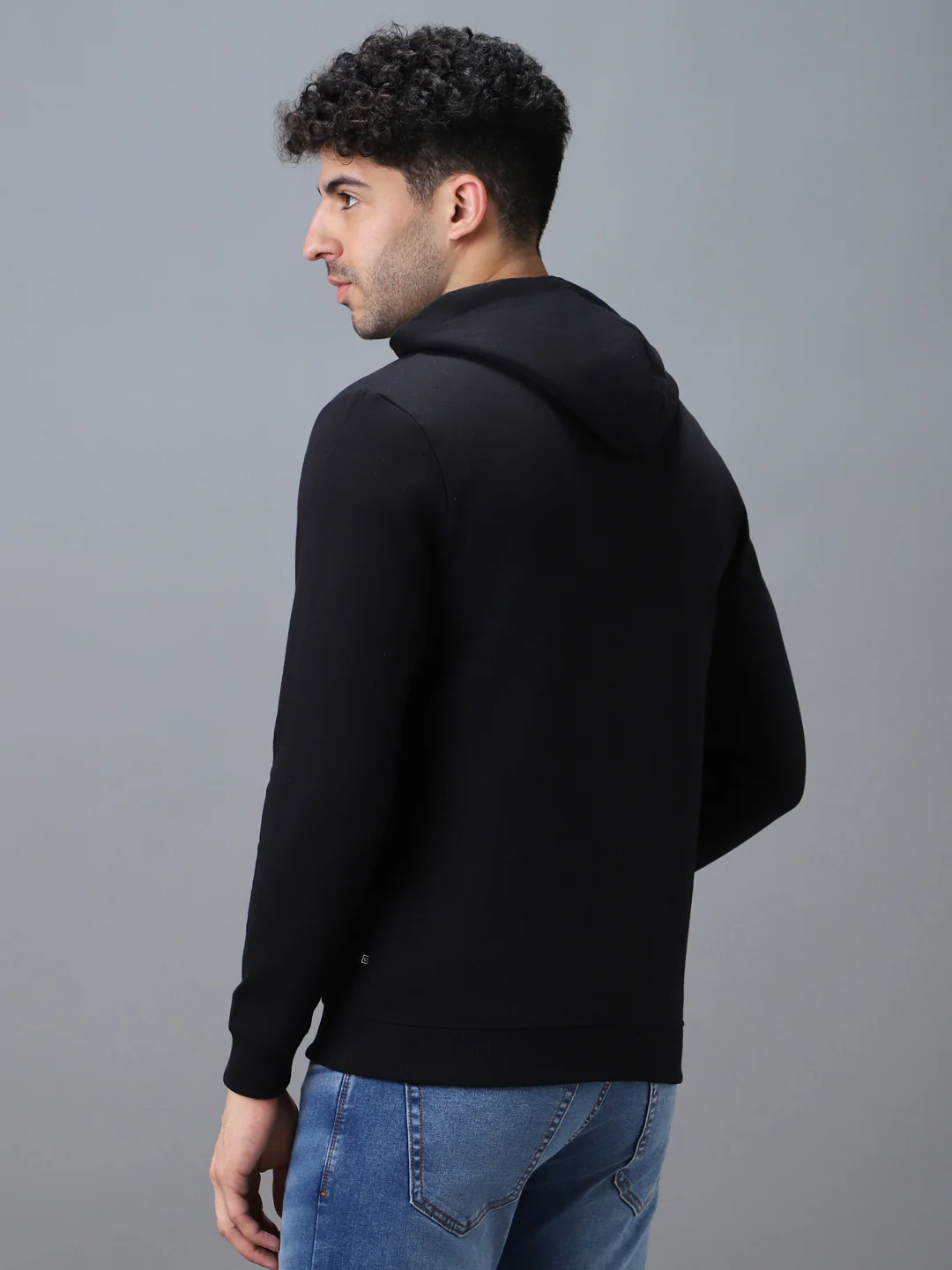 Men's Black Cotton Solid Zippered Hooded Neck Sweatshirt - Image 3