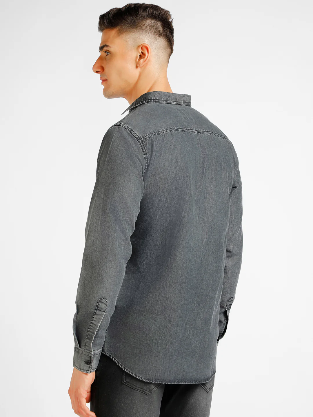 Men's Black Denim Full Sleeve Slim Fit Washed Casual Shirt - Image 3