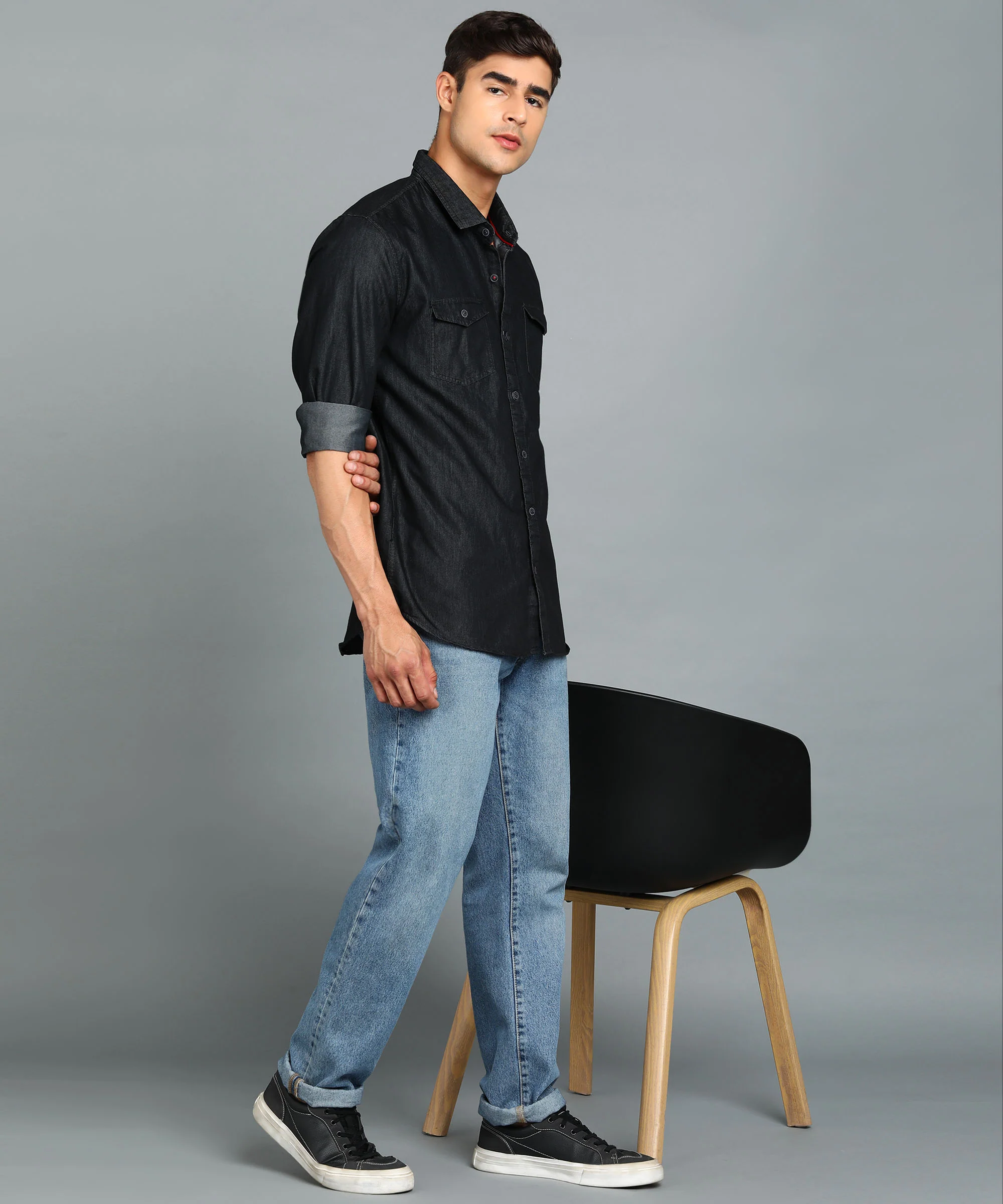 Men's Black Full Sleeve Slim Fit Casual Denim Shirt - Image 3