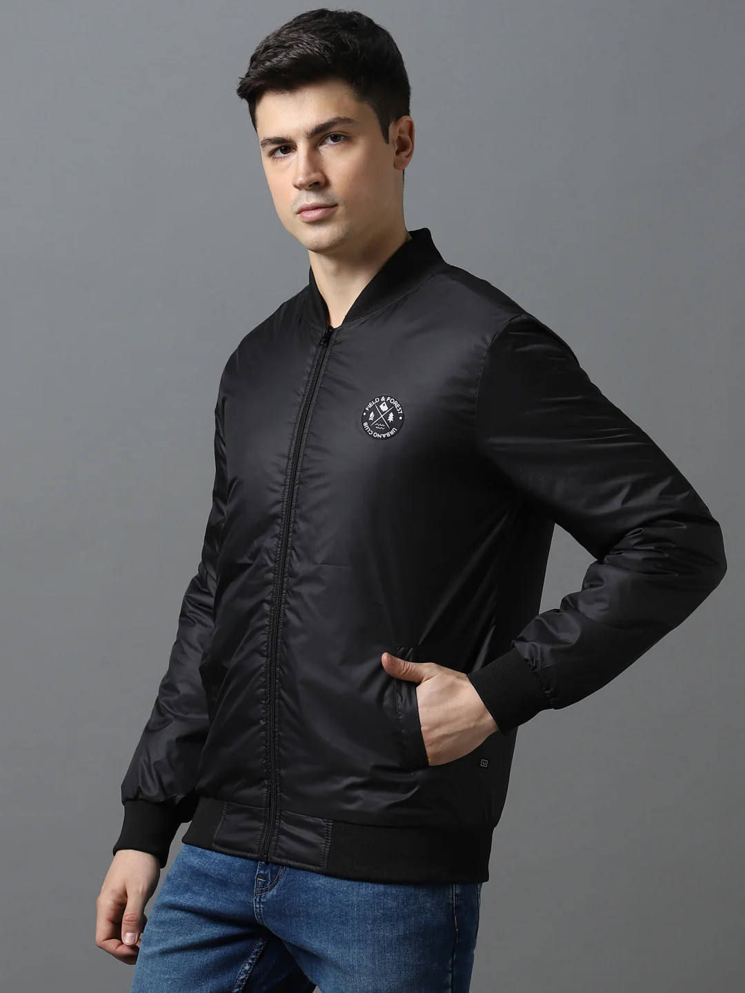 Men's Black Full Sleeve Zippered Bomber Jacket - Image 2