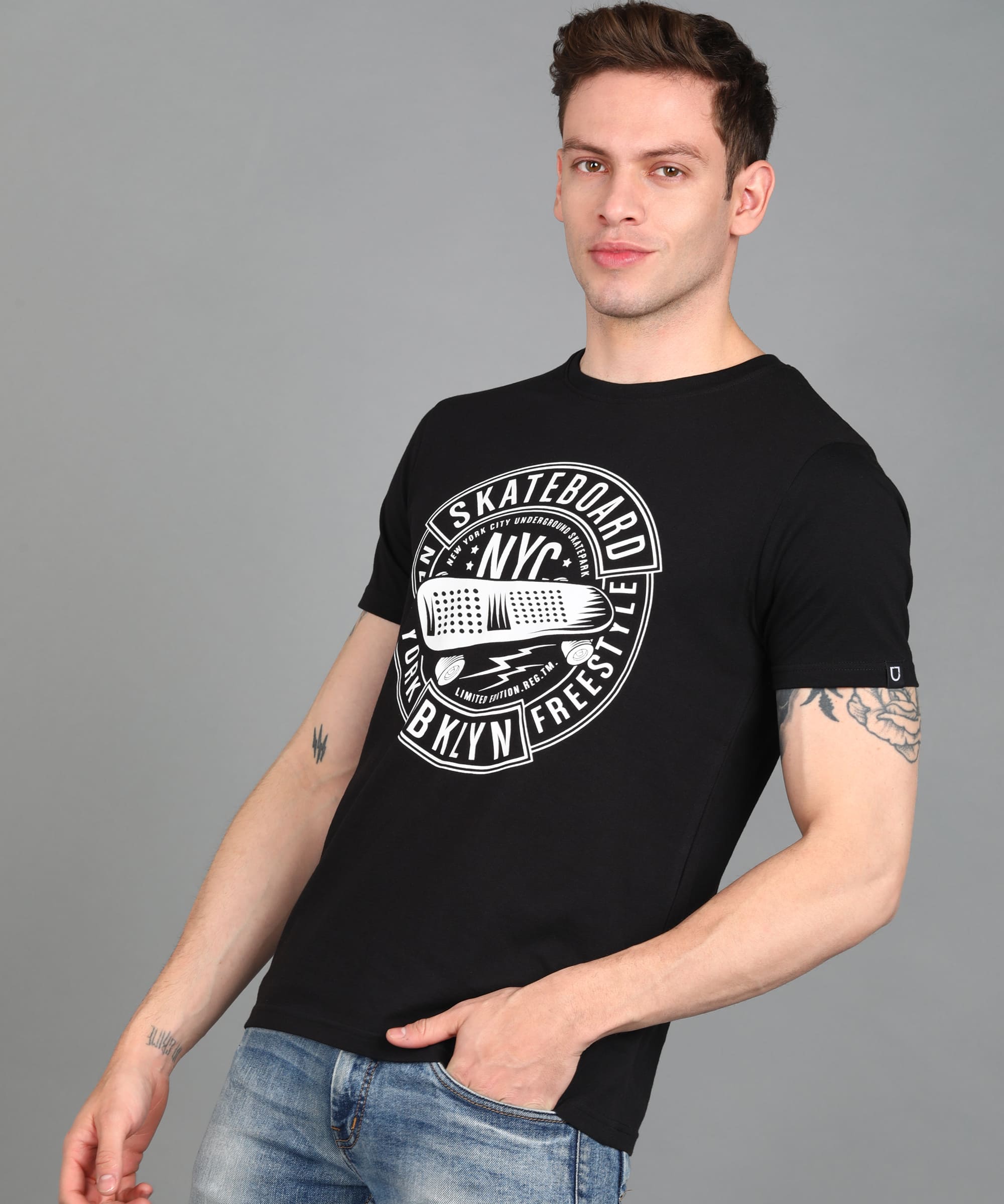 Urbano Fashion Men's Black Graphic Printed Round Neck Half Sleeve Slim Fit Cotton T-Shirt - Image 2